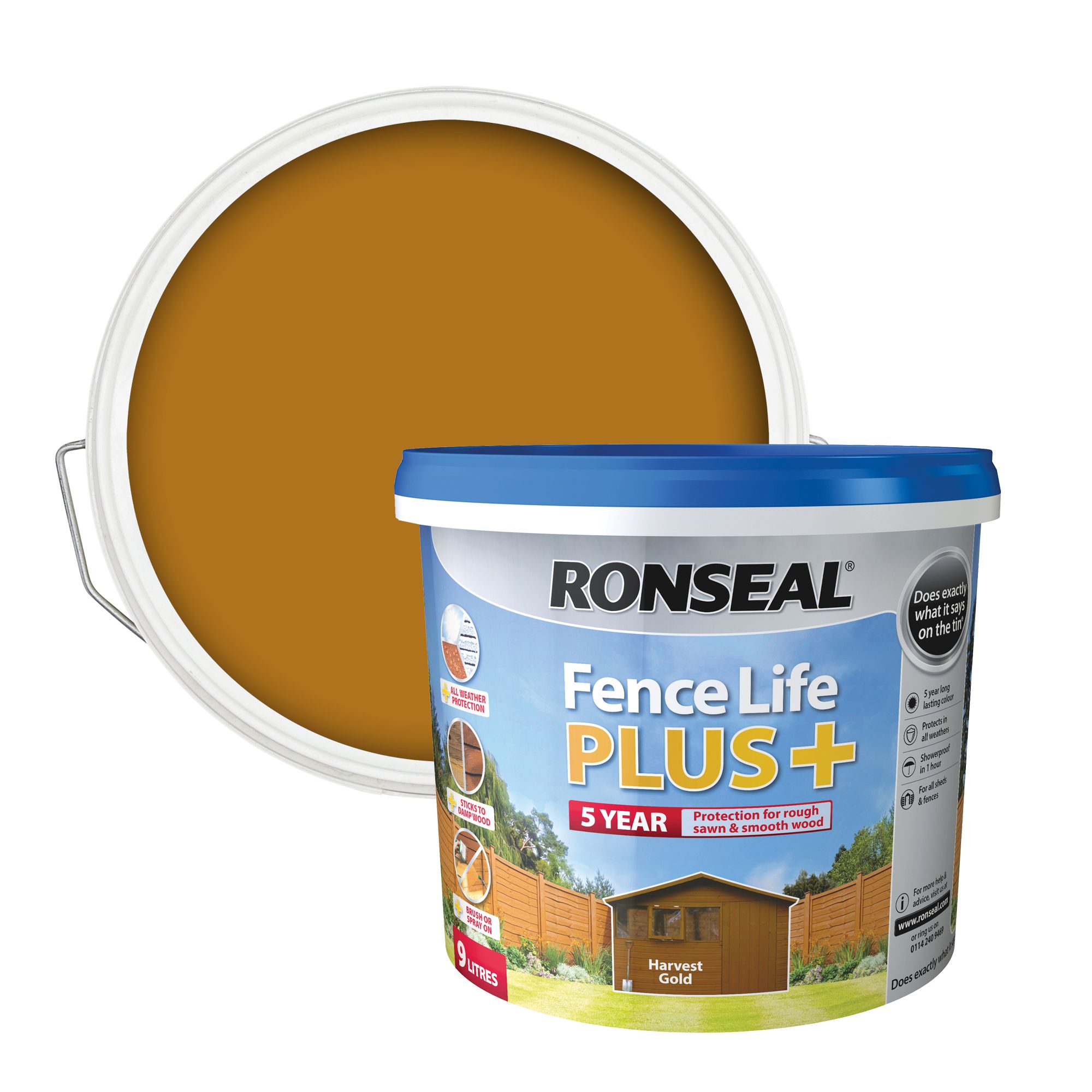 Ronseal Fence Life Plus Harvest gold Matt Exterior Wood paint, 9L Tub
