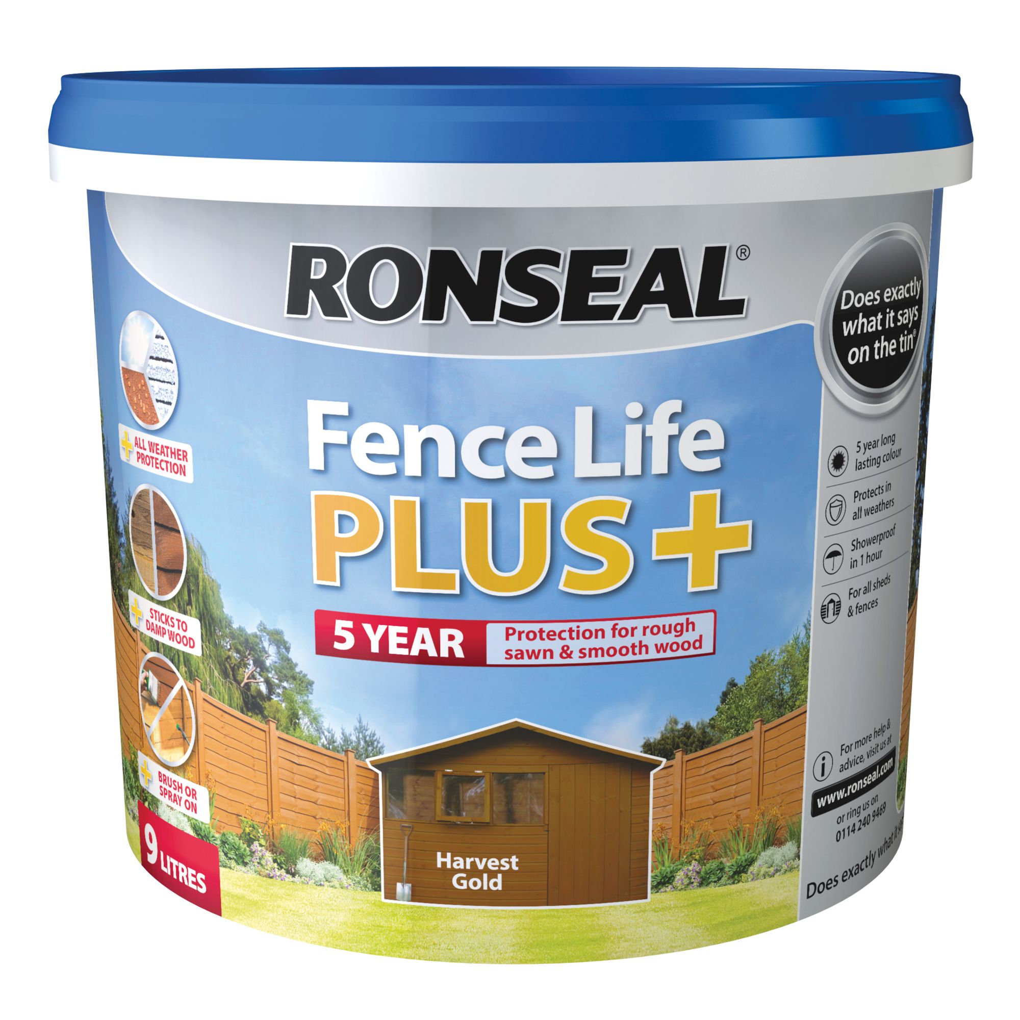 Ronseal Fence Life Plus Harvest gold Matt Exterior Wood paint, 9L Tub