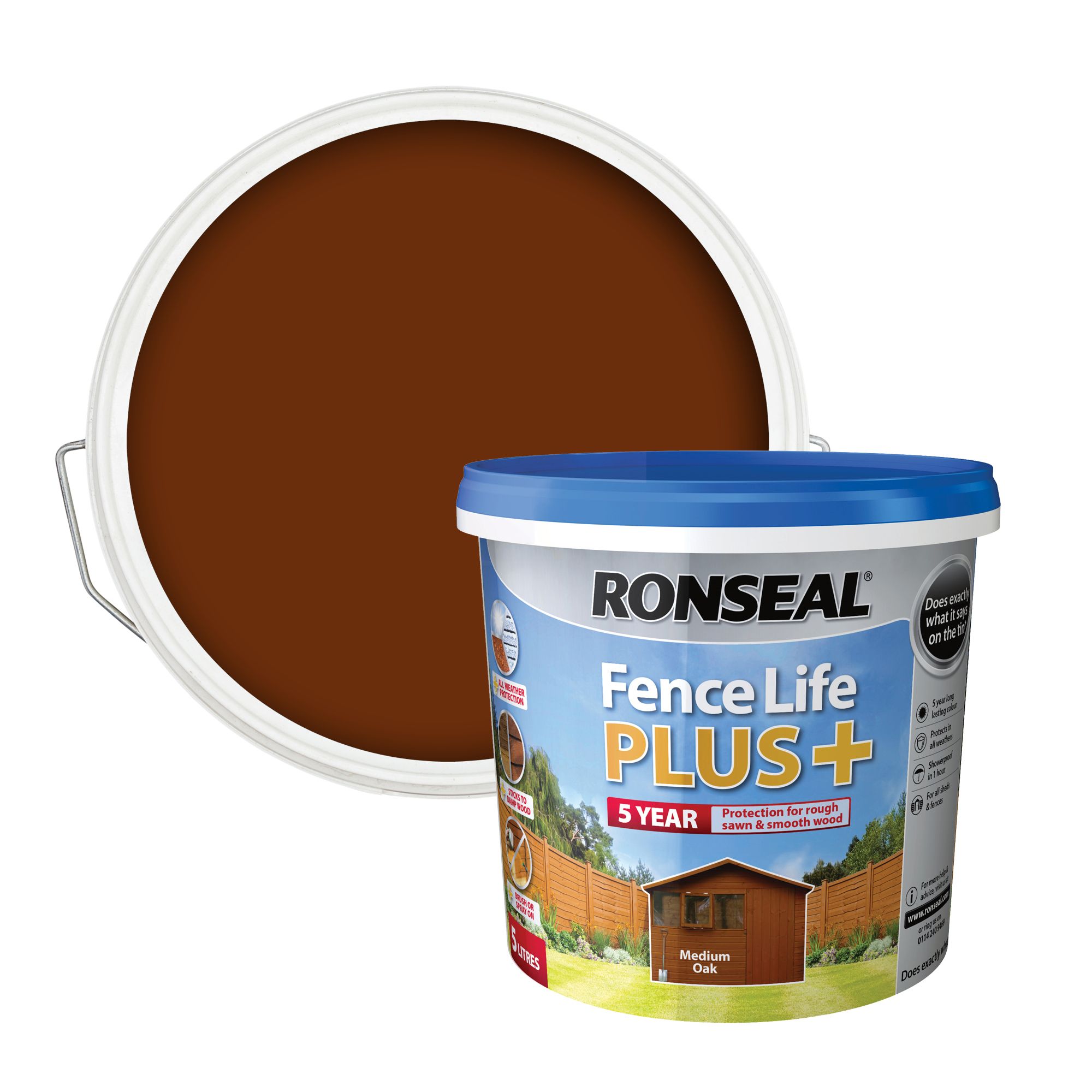 Ronseal Fence Life Plus Medium oak Matt Exterior Wood paint, 5L Tub
