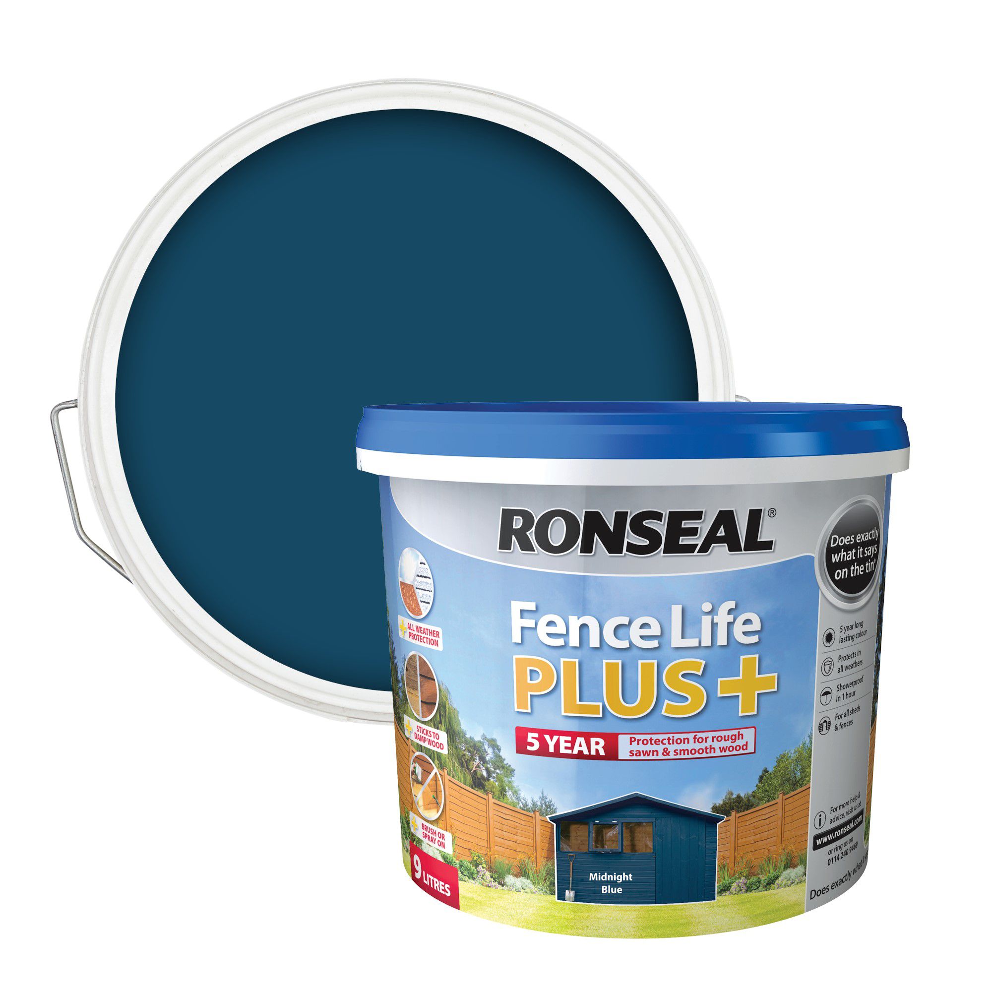 Ronseal Fence Life Plus Midnight blue Matt Exterior Wood paint, 9L Tub DIY at B&Q