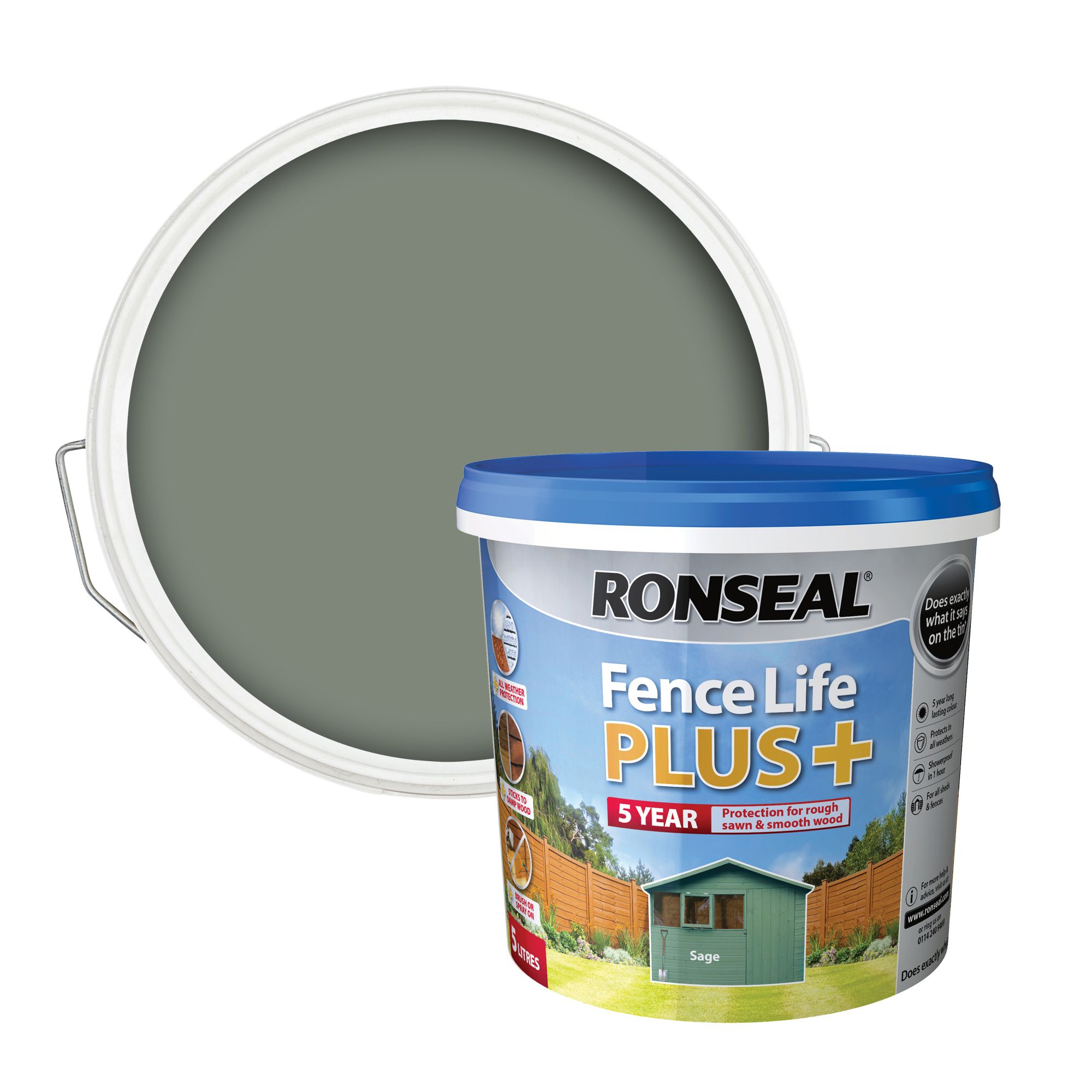 Ronseal Fence life plus Sage Matt Exterior Wood paint, 5L Tub