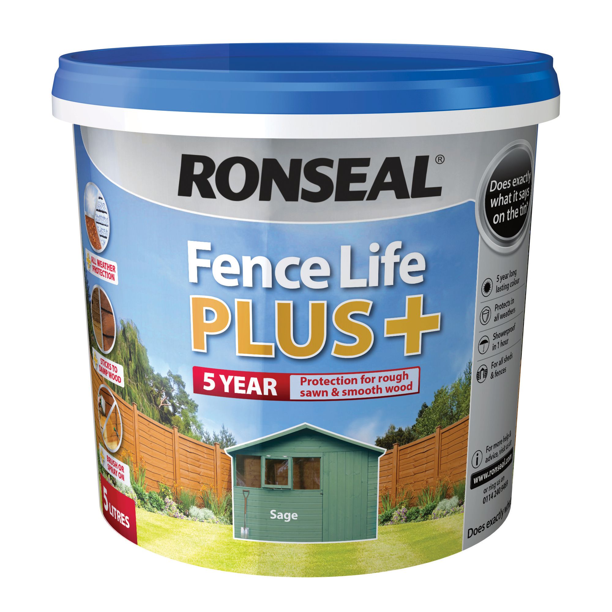 Ronseal Fence life plus Sage Matt Exterior Wood paint, 5L Tub