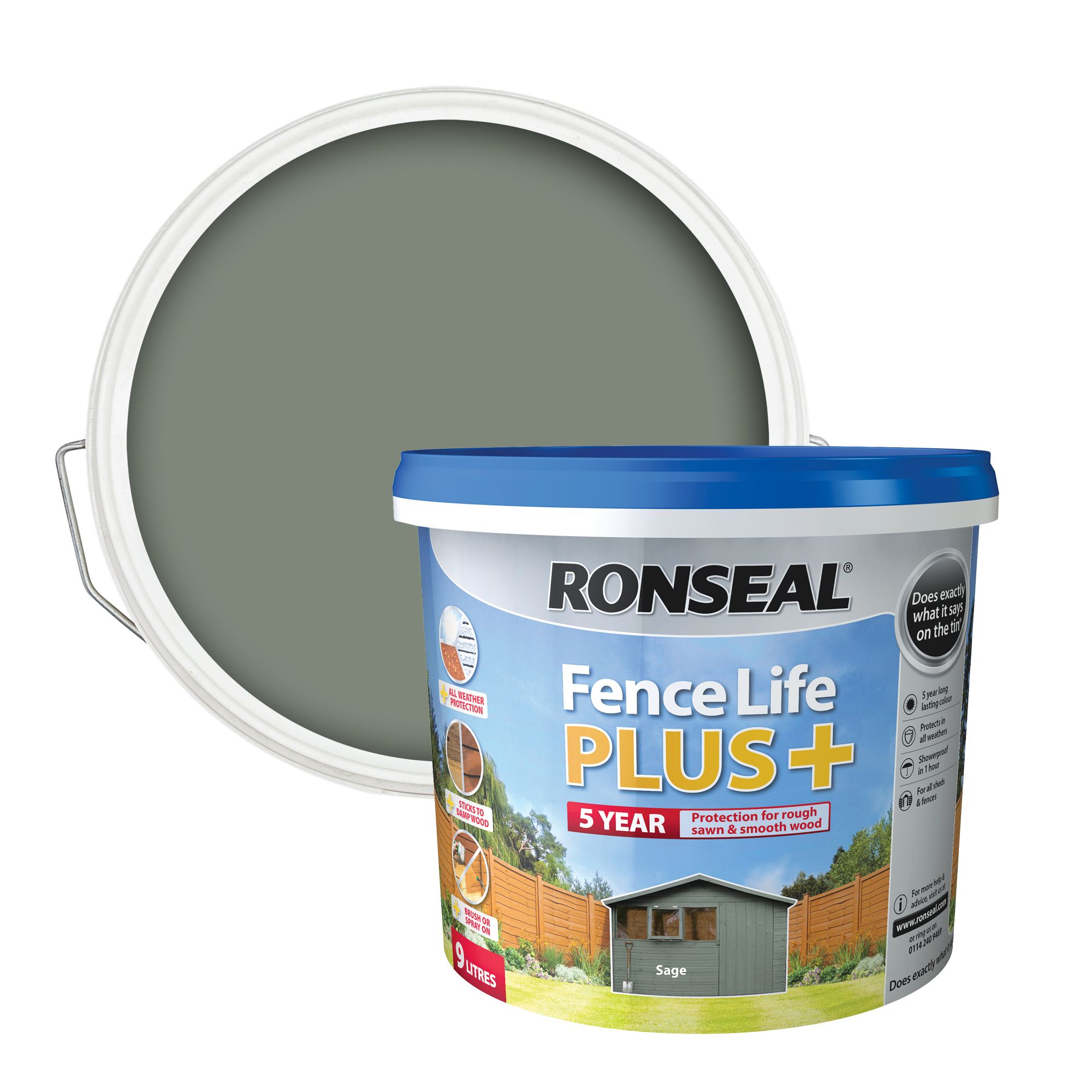 Ronseal Fence Life Plus Sage Matt Exterior Wood paint, 9L Tub