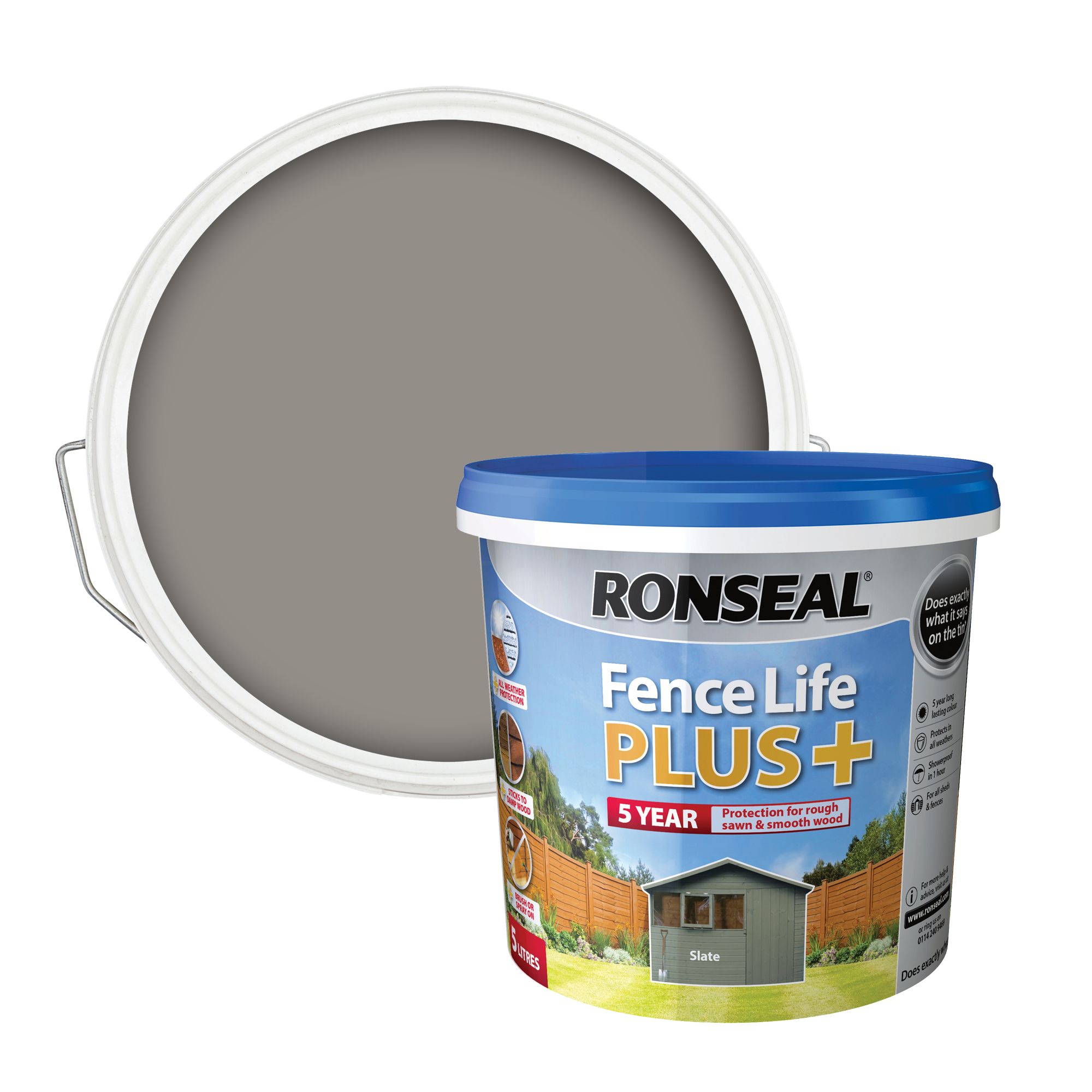 Ronseal Fence Life Plus Slate Matt Exterior Fence & shed Wood paint, 5L Tub