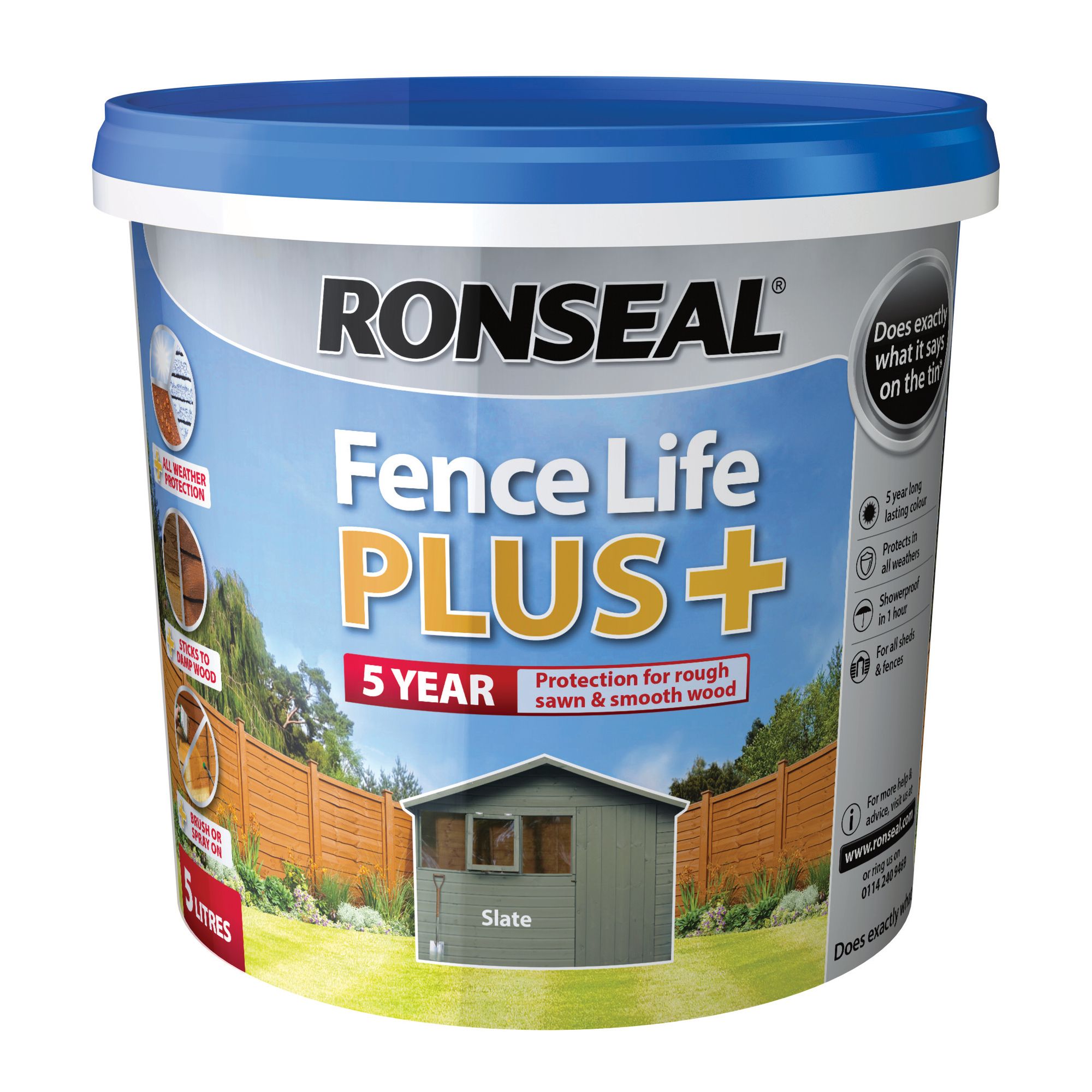Ronseal Fence Life Plus Slate Matt Exterior Fence & shed Wood paint, 5L Tub