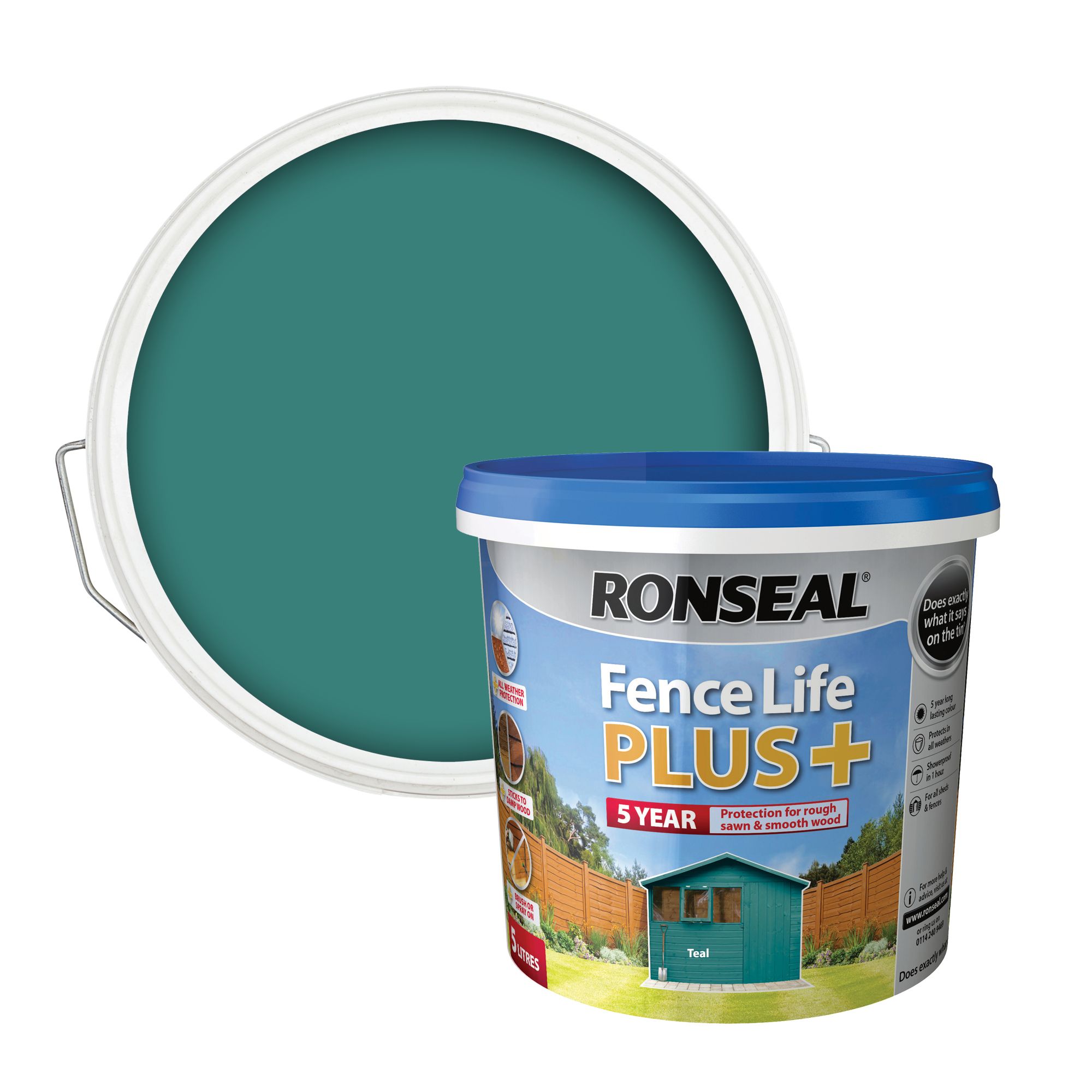 Ronseal Fence Life Plus Teal Matt Exterior Fence & shed Wood paint, 5L Tub