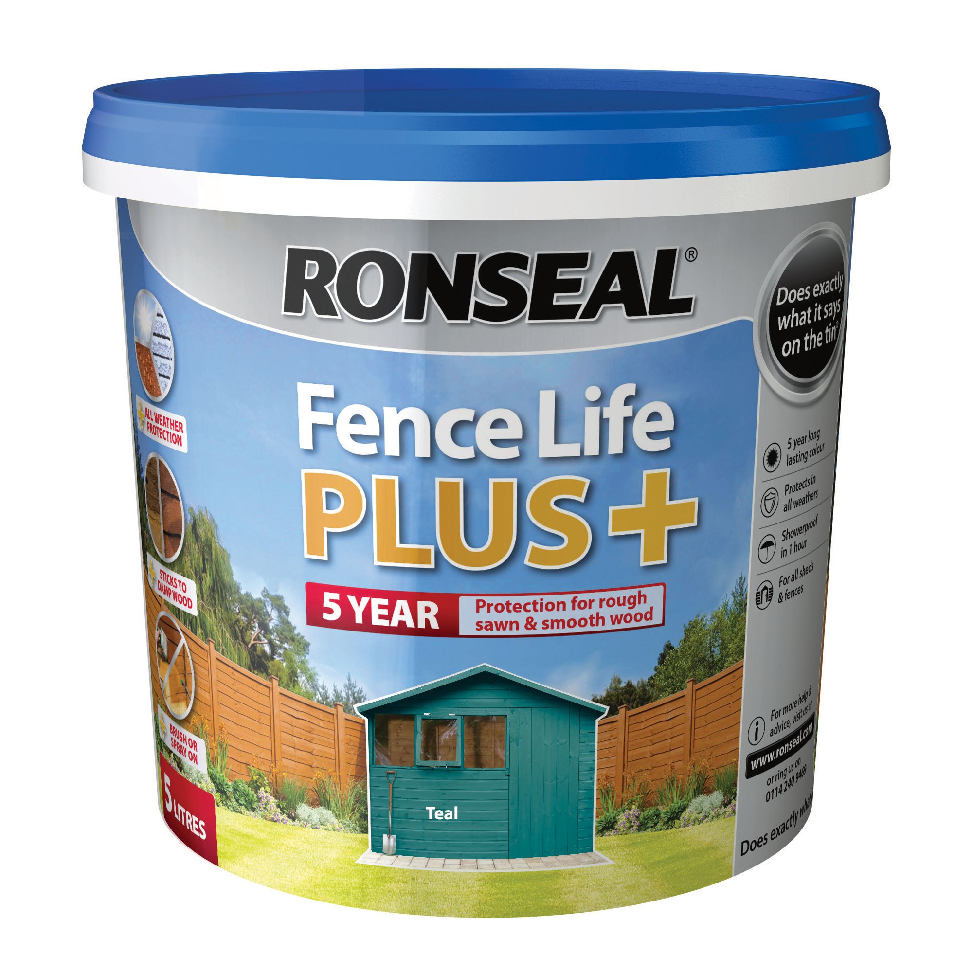 Ronseal Fence Life Plus Teal Matt Exterior Fence & shed Wood paint, 5L Tub