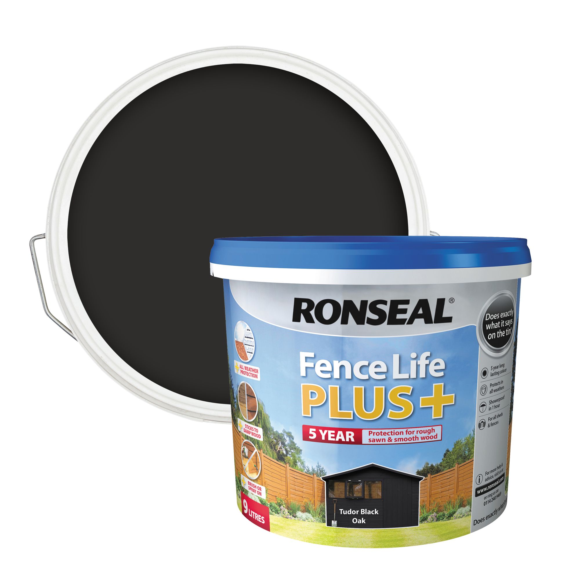 Ronseal Fence Life Plus Tudor black oak Matt Exterior Wood paint, 9L