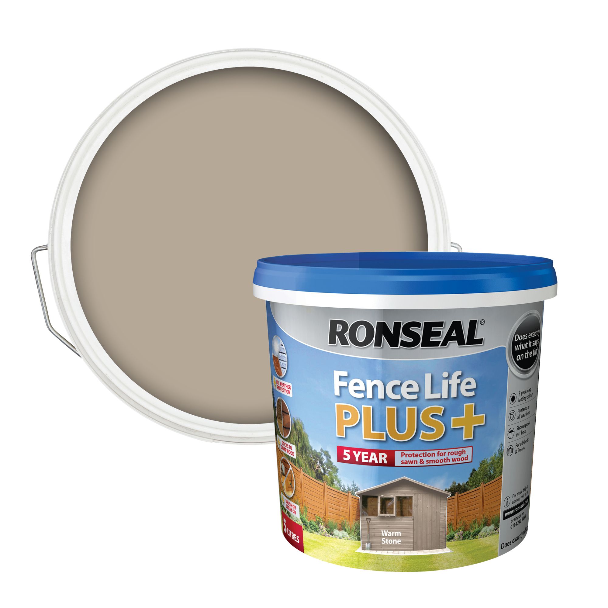 Ronseal Fence Life Plus Warm stone Matt Exterior Wood paint, 5L Tub