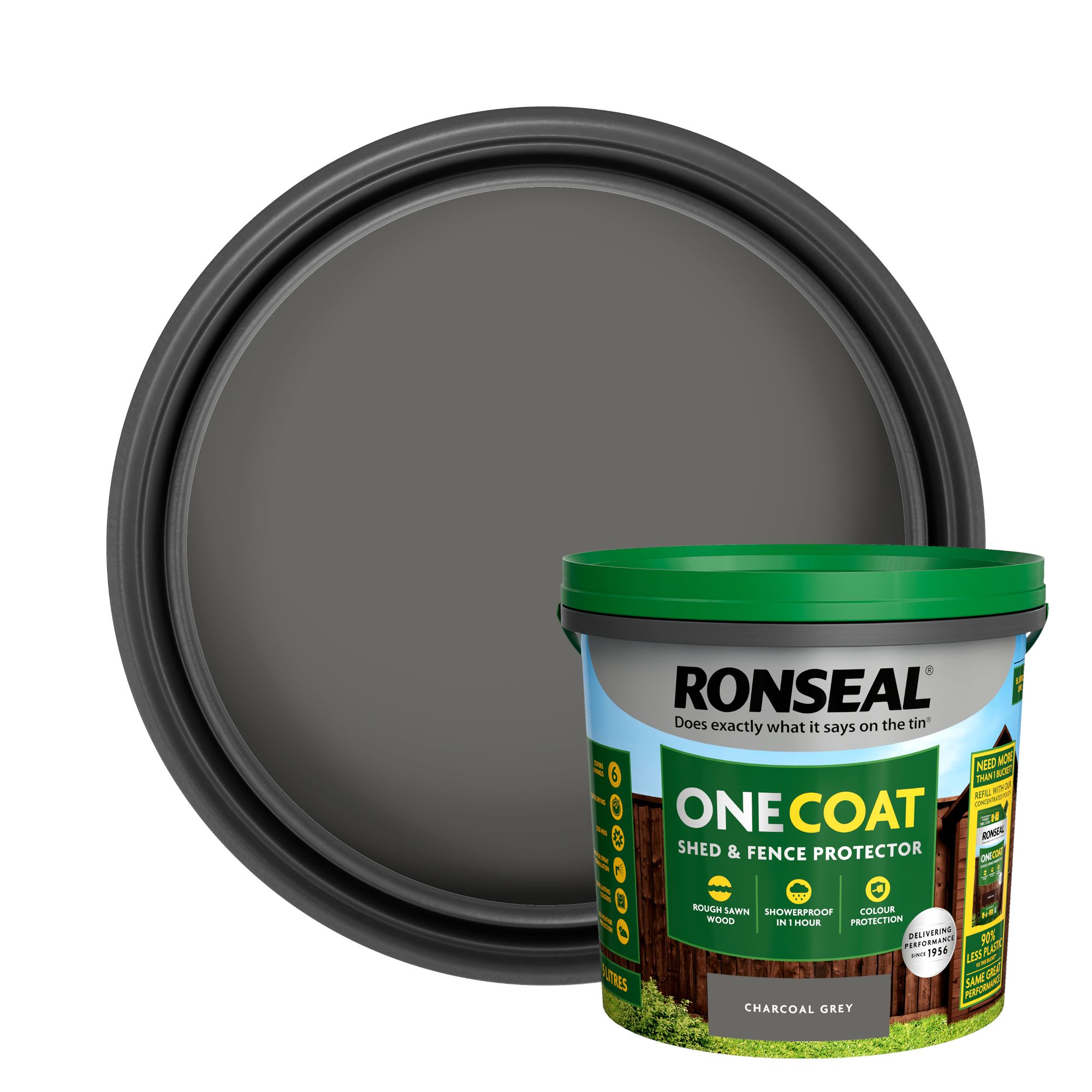 Ronseal One Coat Charcoal Grey Matt Exterior Shed & fence Protector Wood paint, 5L Tub