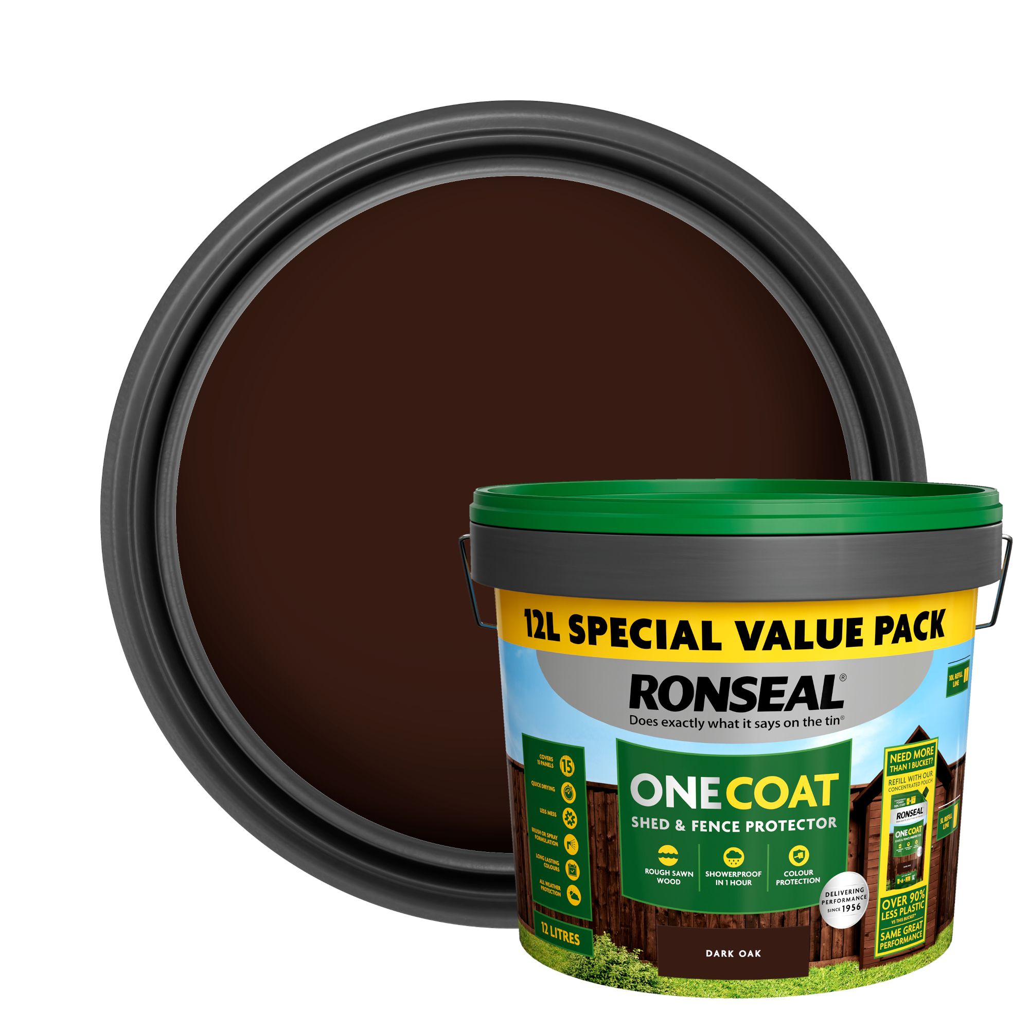 Ronseal One Coat Dark Oak Matt Medium base Exterior Shed & fence Protector Wood paint, 12L Tub