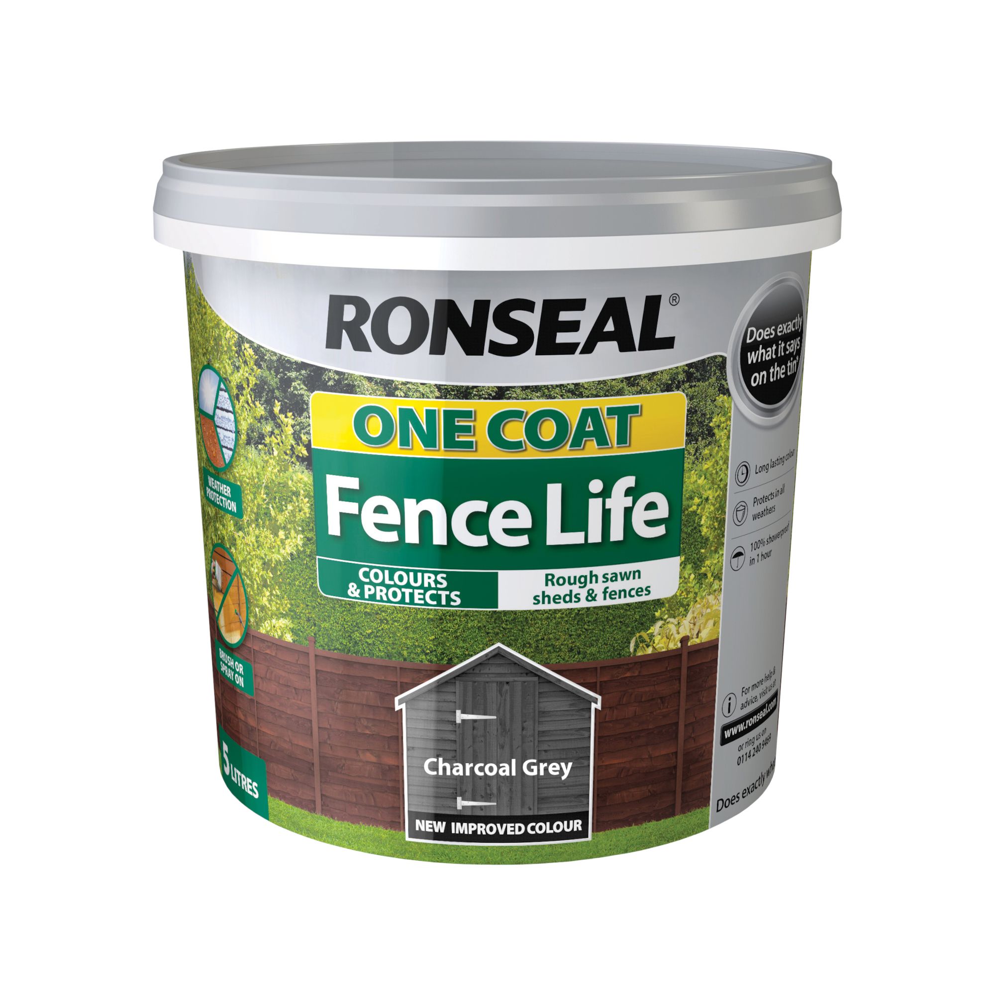 Ronseal One Coat Fence Life Charcoal grey Matt Exterior Wood paint, 5L Tub