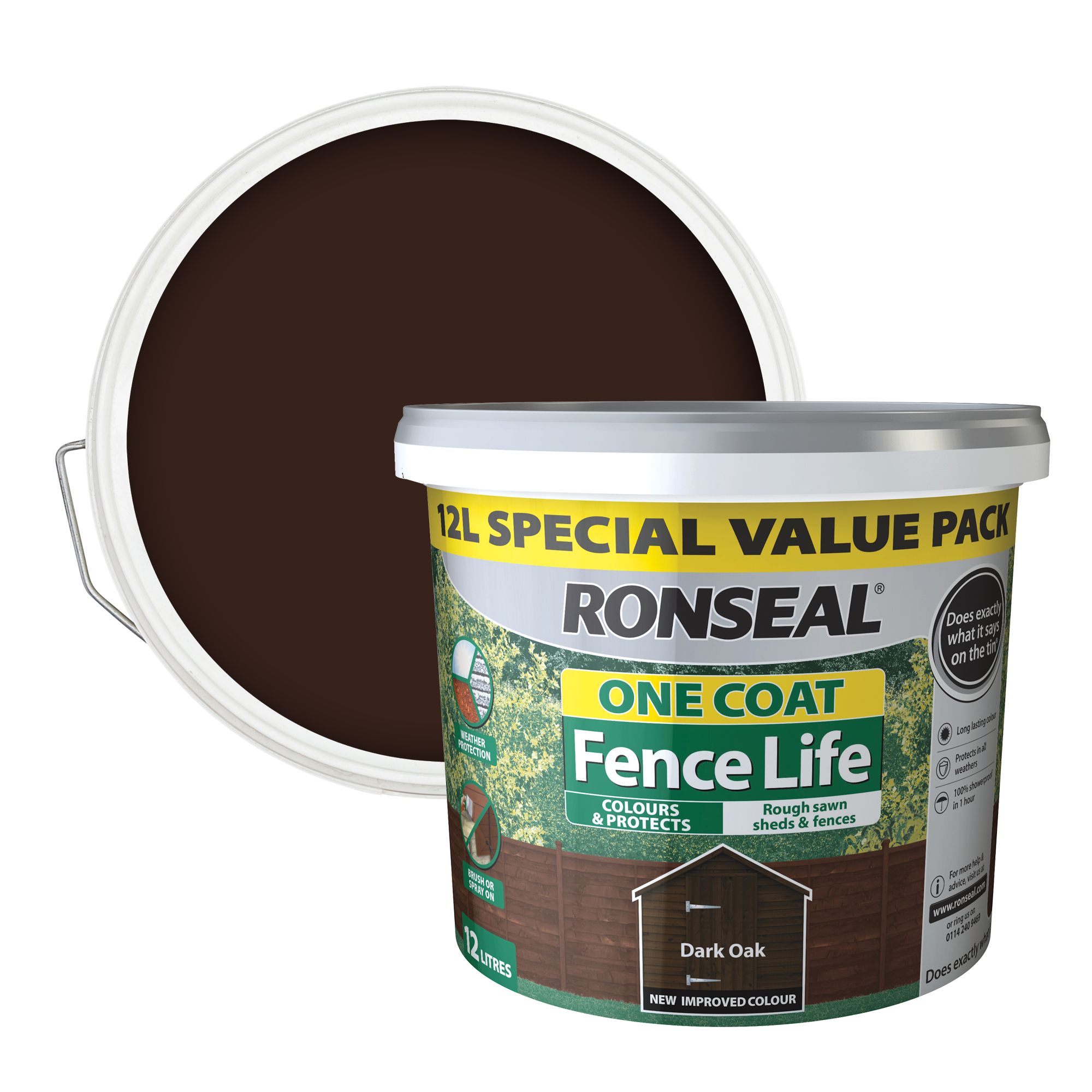 Ronseal One Coat Fence Life Dark oak Matt Exterior Wood paint, 12L Tub