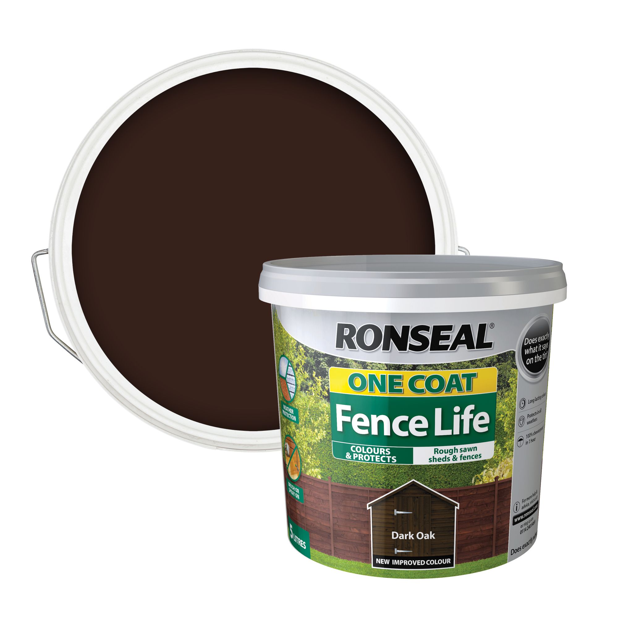 Ronseal One Coat Fence Life Dark oak Matt Exterior Wood paint, 5L Tub