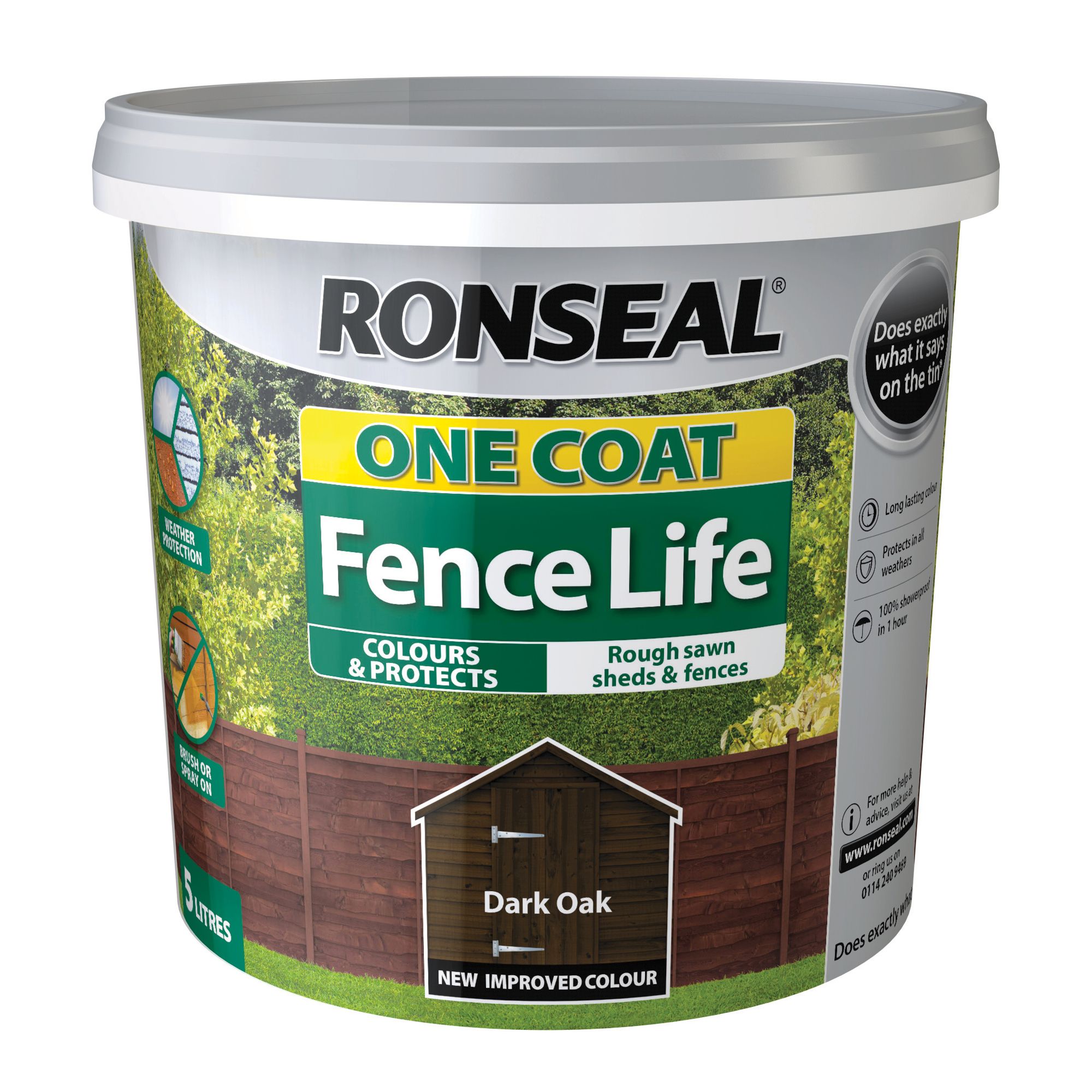 Ronseal One Coat Fence Life Dark oak Matt Exterior Wood paint, 5L Tub