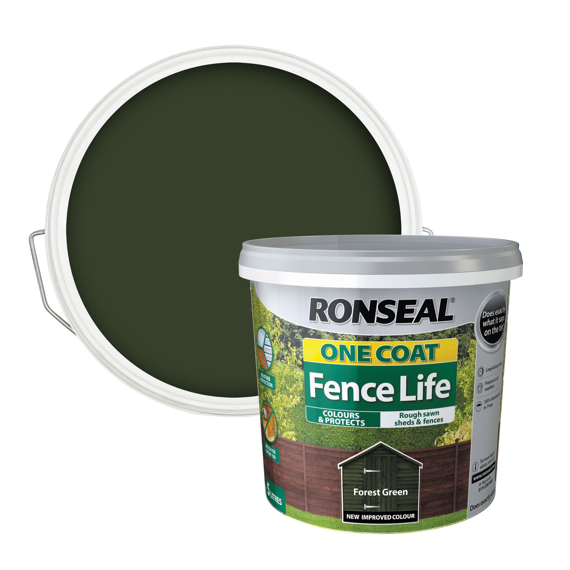 Ronseal One Coat Fence Life Forest green Matt Exterior Wood paint, 5L Tub