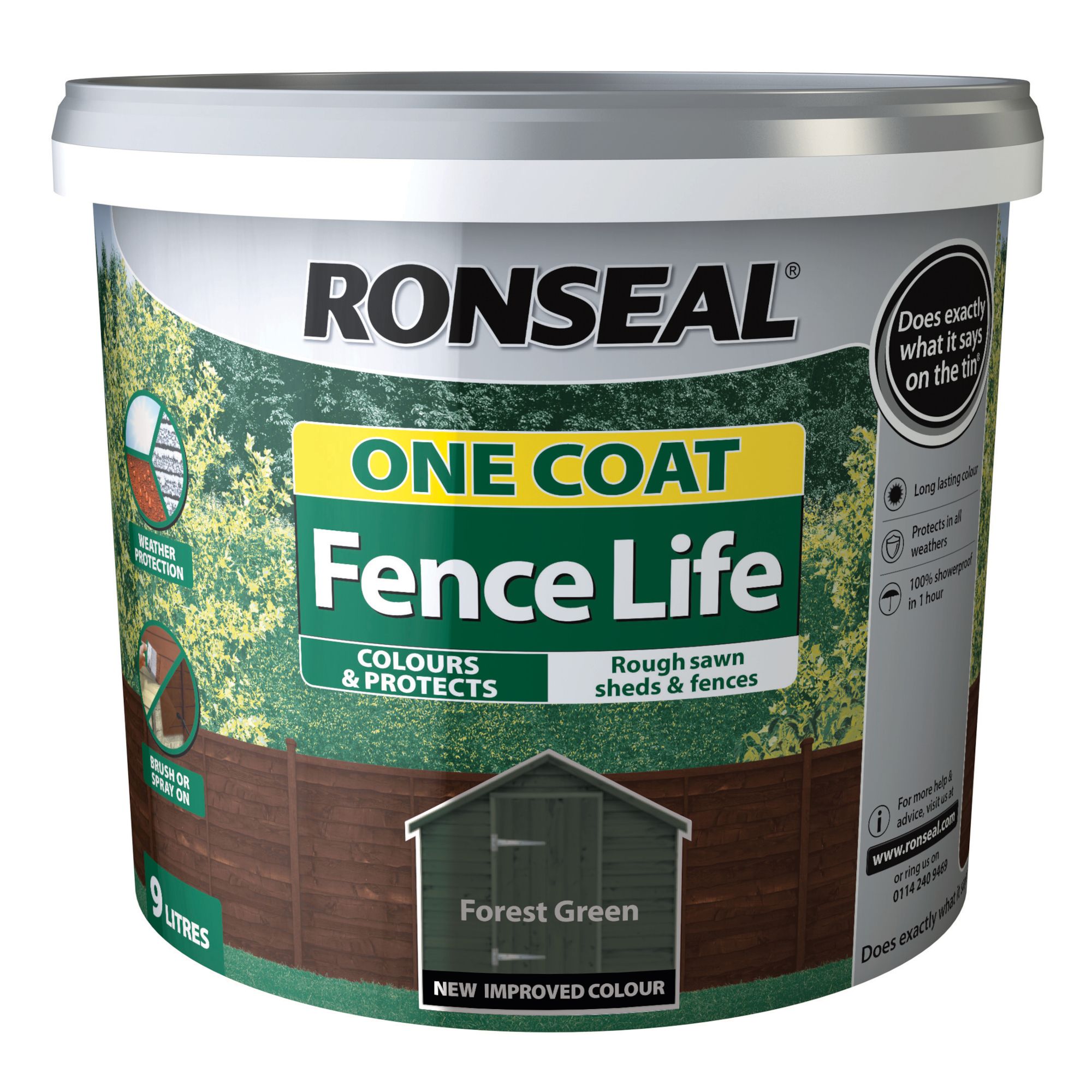 Ronseal One Coat Fence Life Forest green Matt Exterior Wood paint, 9L Tub