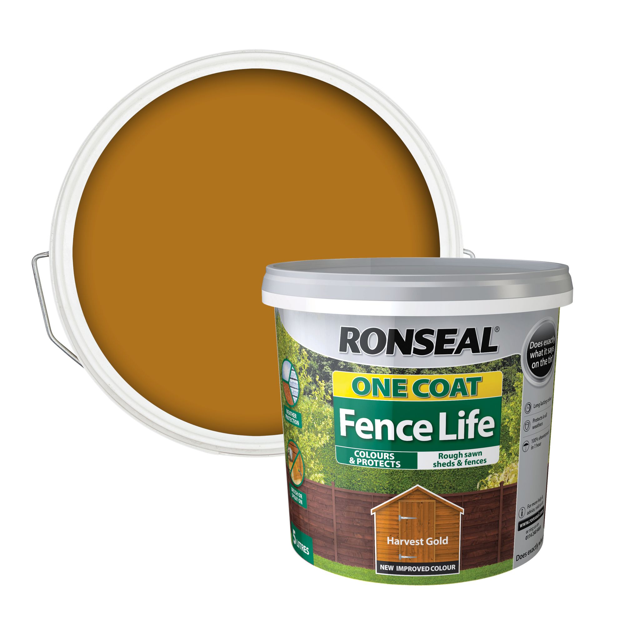 Ronseal One Coat Fence Life Harvest gold Matt Exterior Wood paint, 5L Tub
