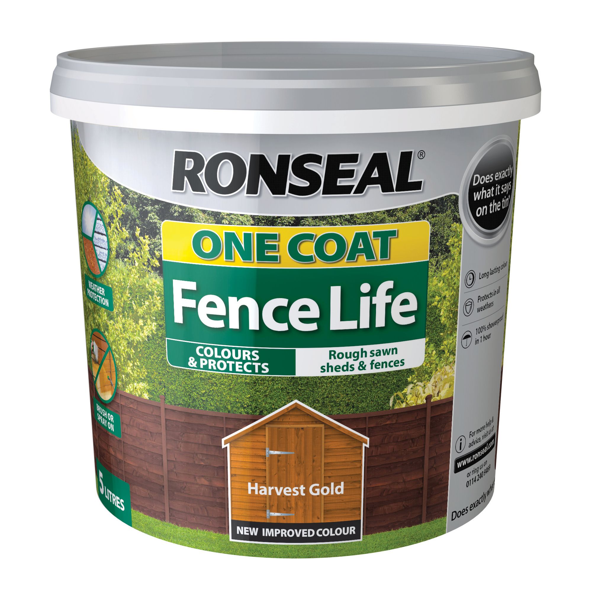 Ronseal One Coat Fence Life Harvest gold Matt Exterior Wood paint, 5L Tub