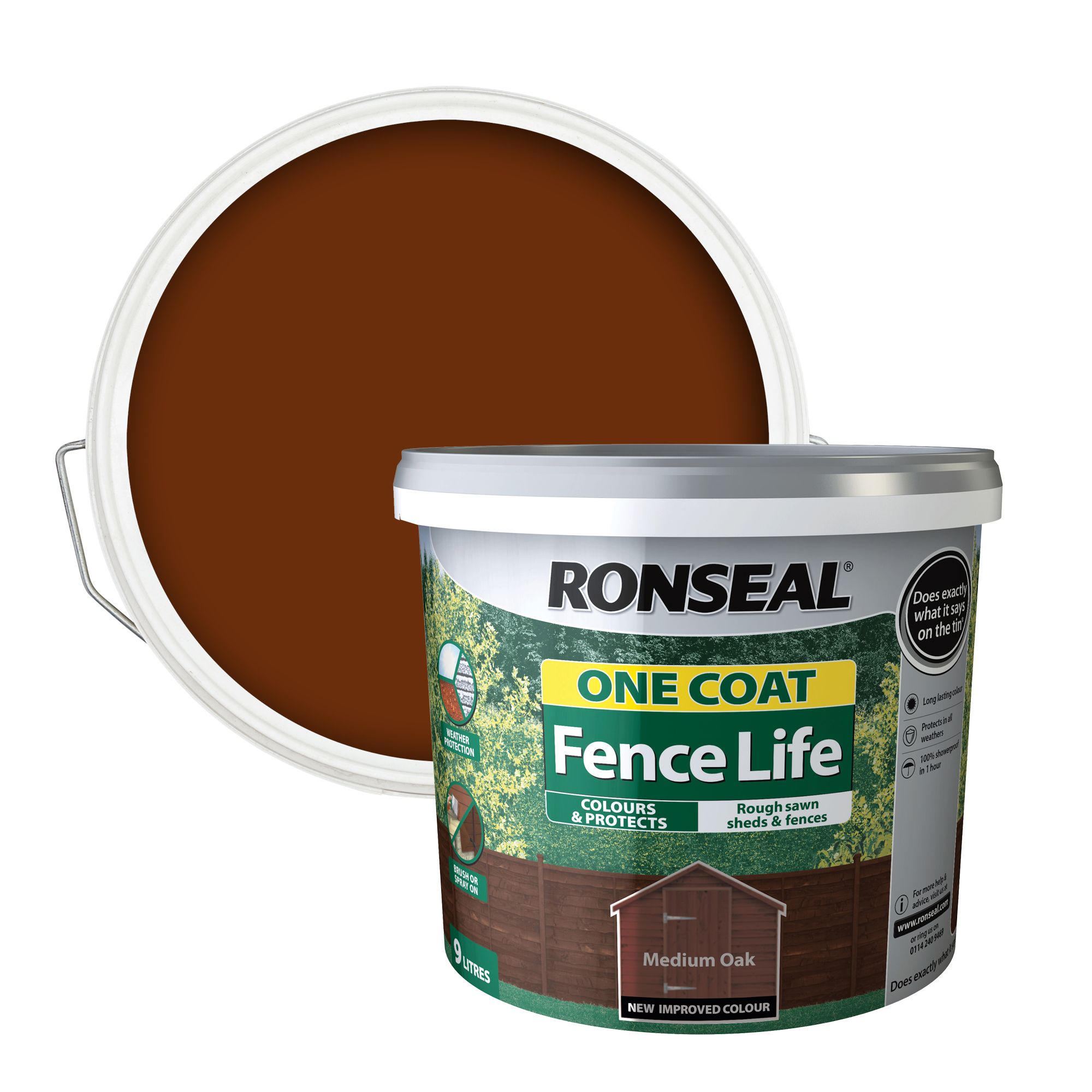 Ronseal One Coat Fence Life Medium oak Matt Exterior Fence & shed Wood paint, 9L Tub