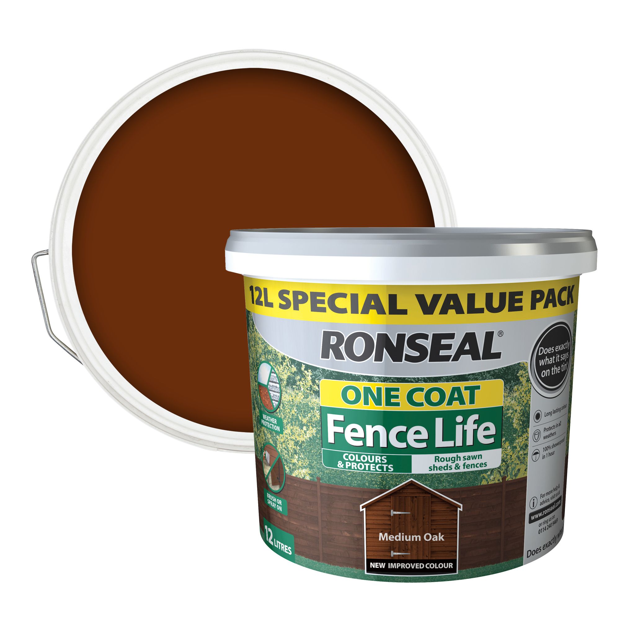 Ronseal One Coat Fence Life Medium oak Matt Exterior Wood paint, 12L Tub