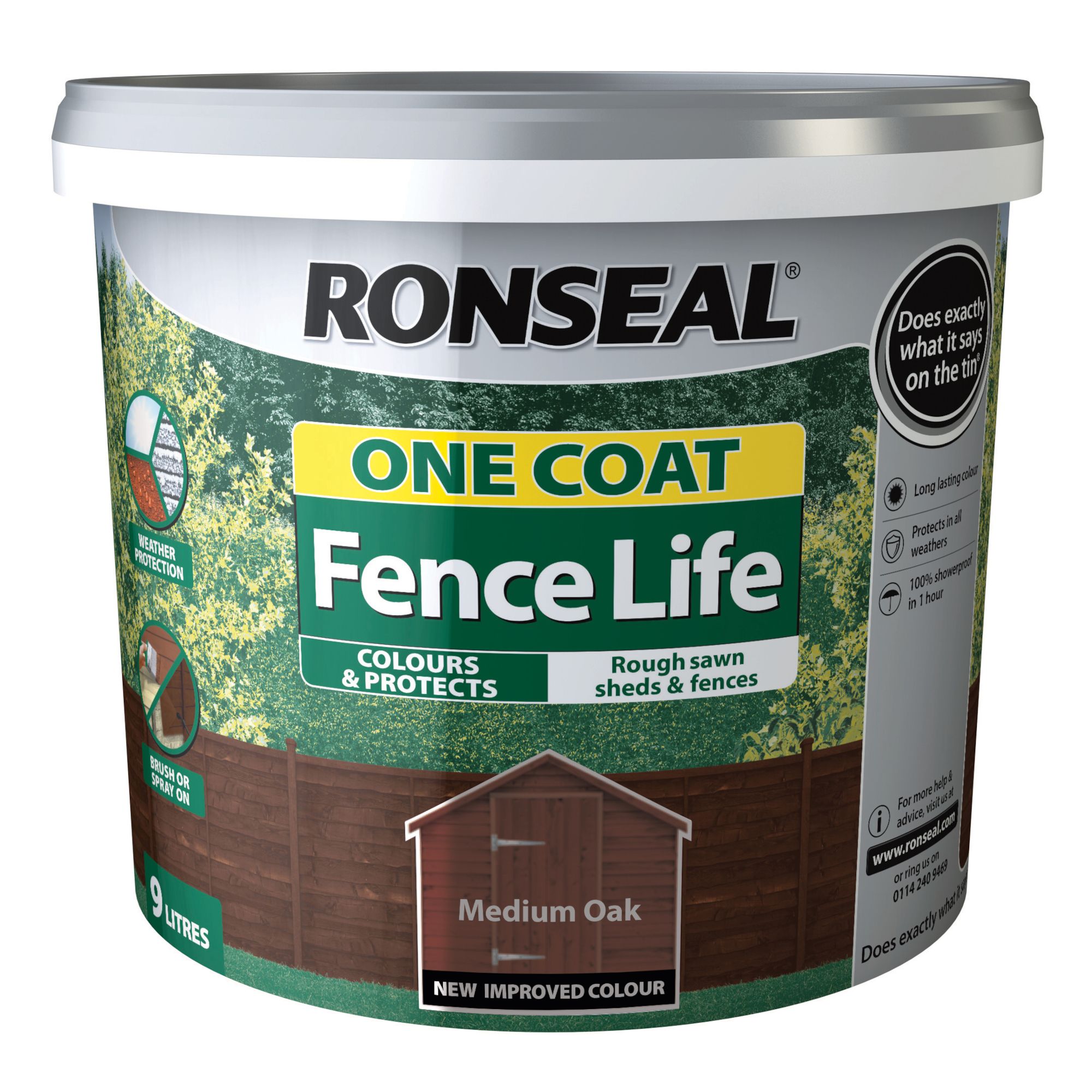Ronseal One Coat Fence Life Medium oak Matt Exterior Wood paint, 9L Tub