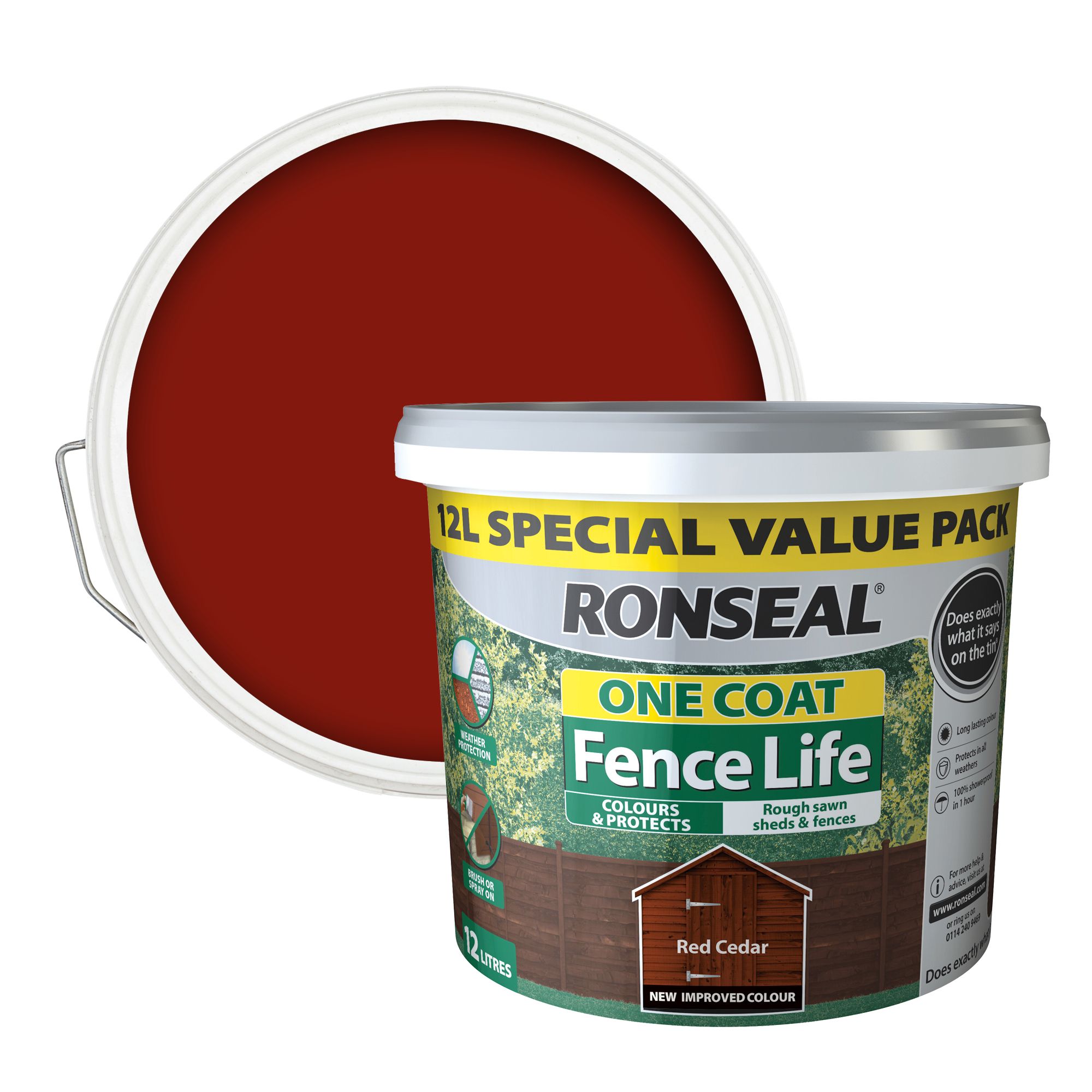 Ronseal One Coat Fence Life Red cedar Matt Exterior Fence & shed Wood paint, 12L Tub