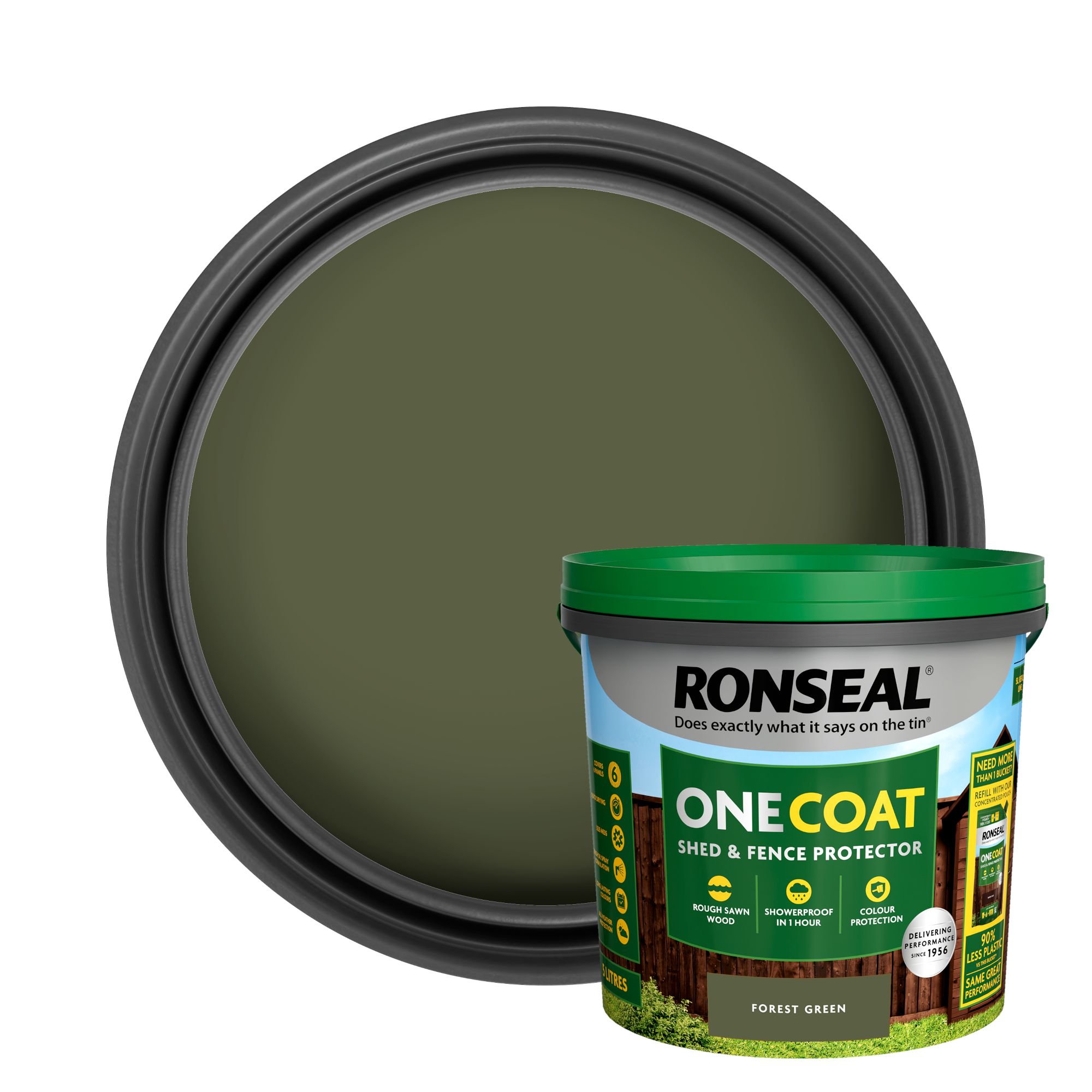 Ronseal One Coat Forest Green Matt Medium base Exterior Shed & fence Protector Wood paint, 5L Tub
