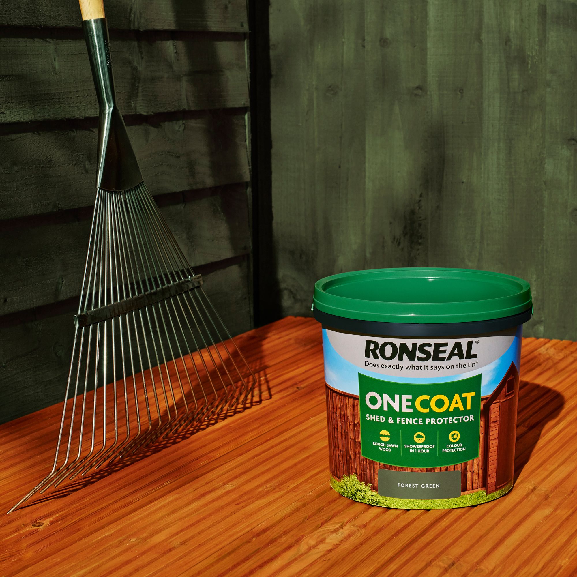 Ronseal One Coat Forest Green Matt Medium base Exterior Shed & fence Protector Wood paint, 5L Tub