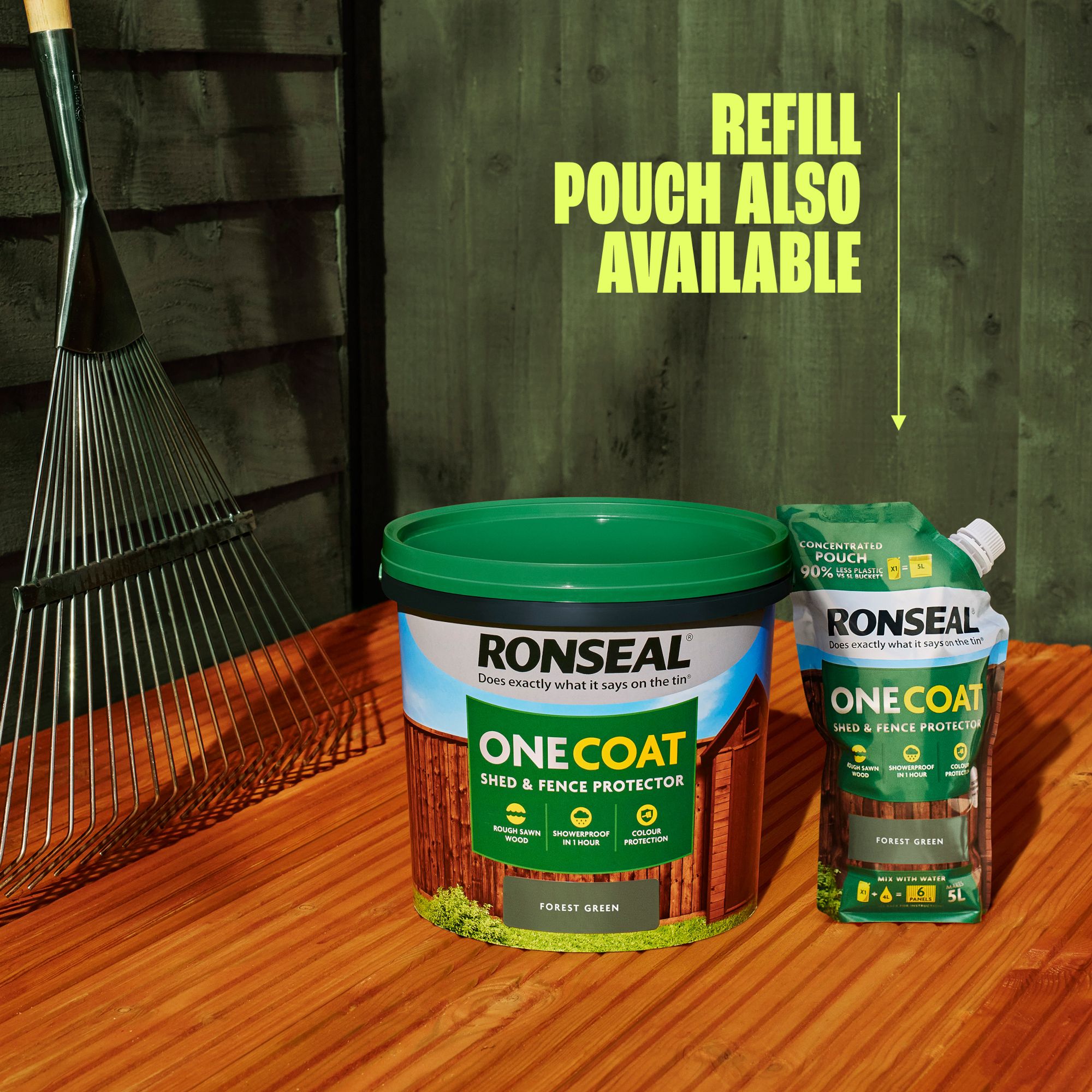 Ronseal One Coat Forest Green Matt Medium base Exterior Shed & fence Protector Wood paint, 5L Tub