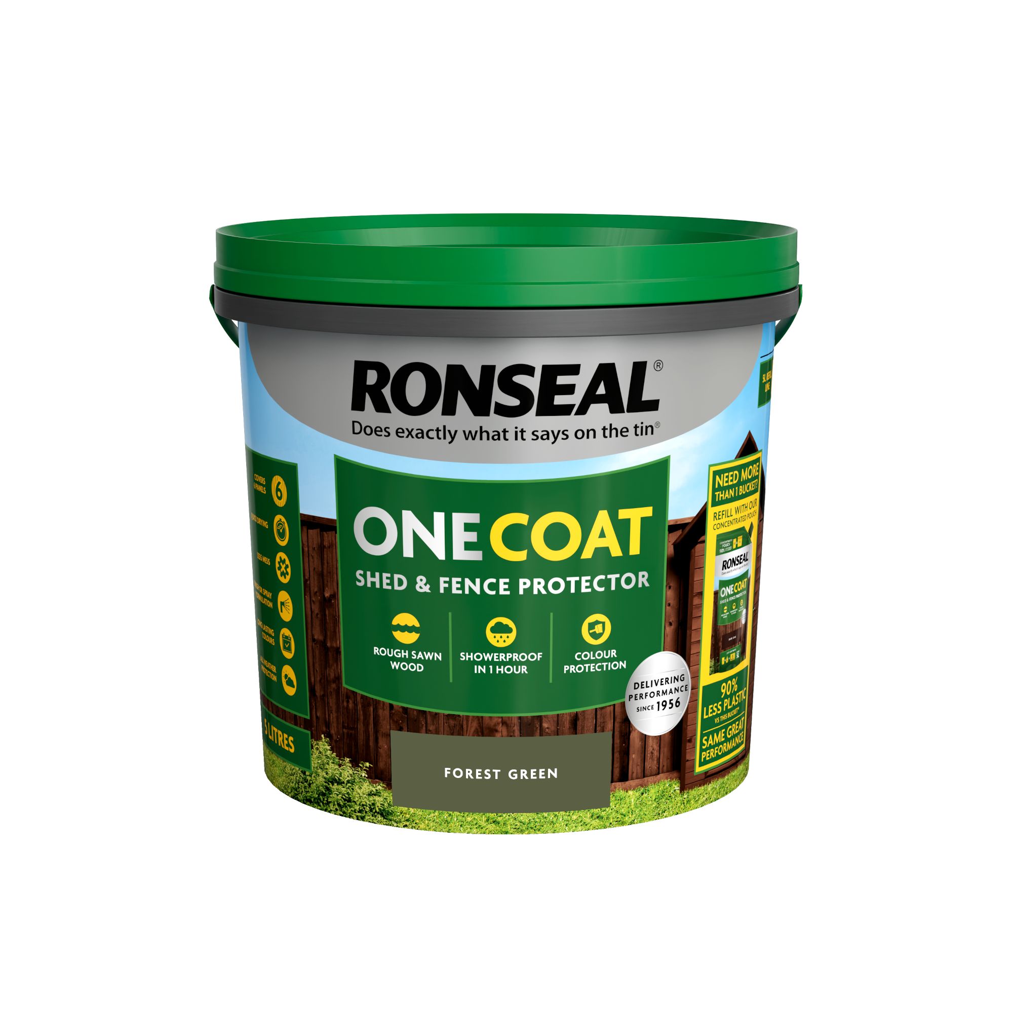 Ronseal One Coat Forest Green Matt Medium base Exterior Shed & fence Protector Wood paint, 5L Tub