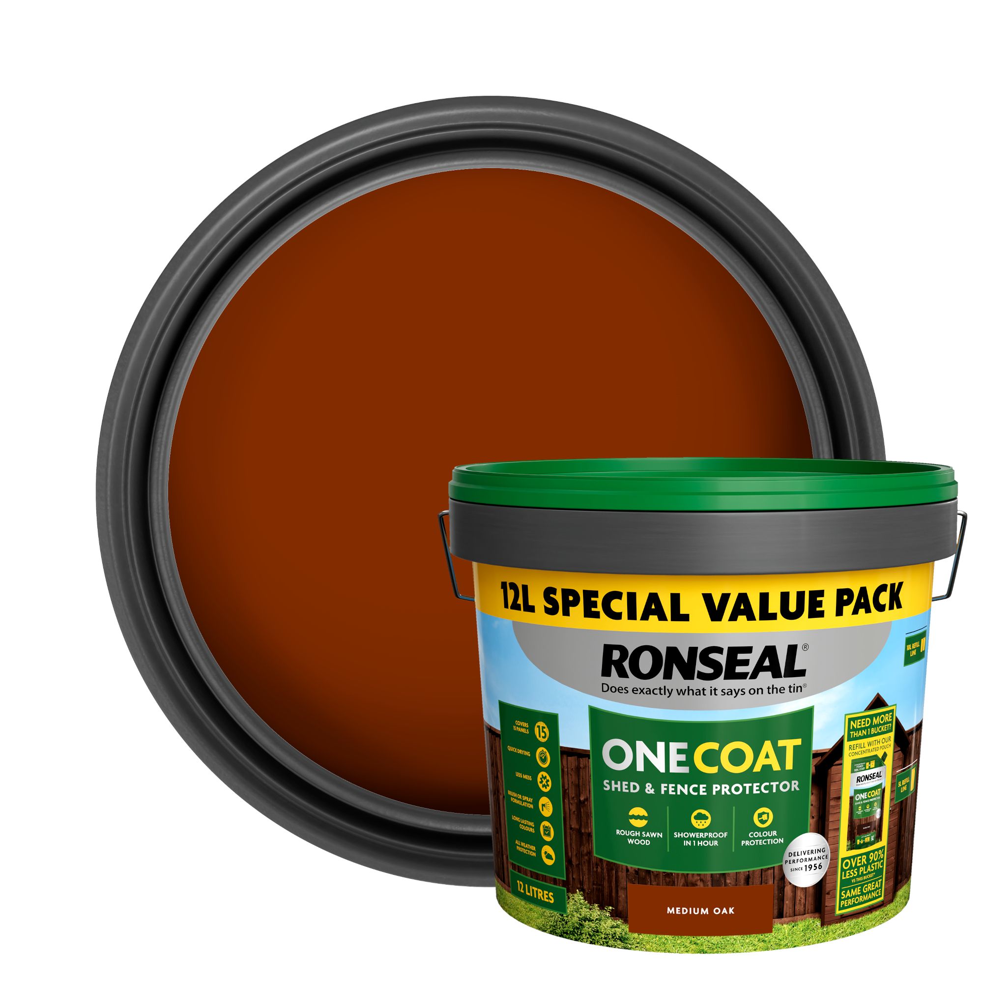 Ronseal One Coat Medium Oak Matt Medium base Exterior Shed & fence Protector Wood paint, 12L Tub