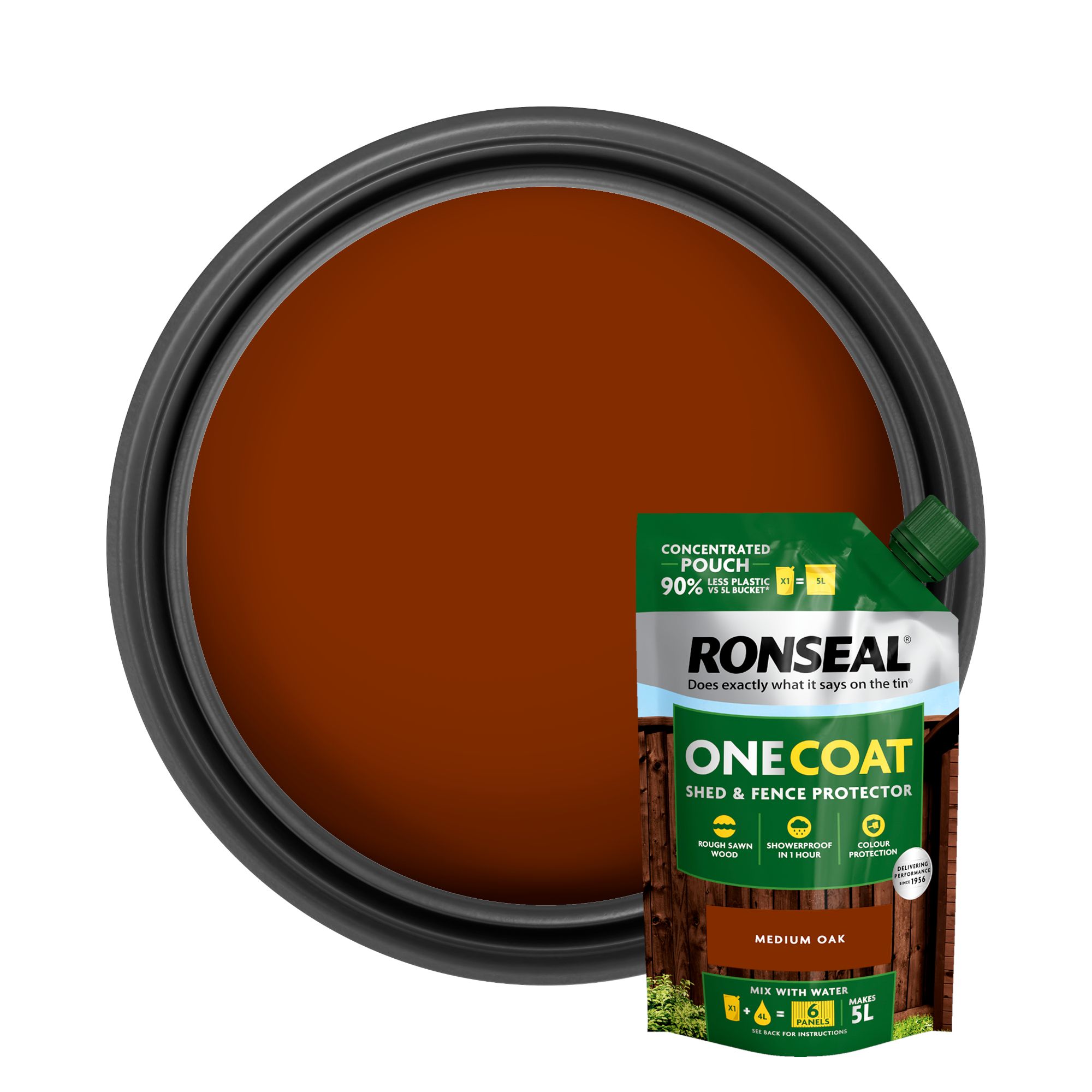 Ronseal One Coat Medium Oak Matt Medium base Exterior Shed & fence Protector Wood paint, 950ml Pouch - 5L Refill Concentrate