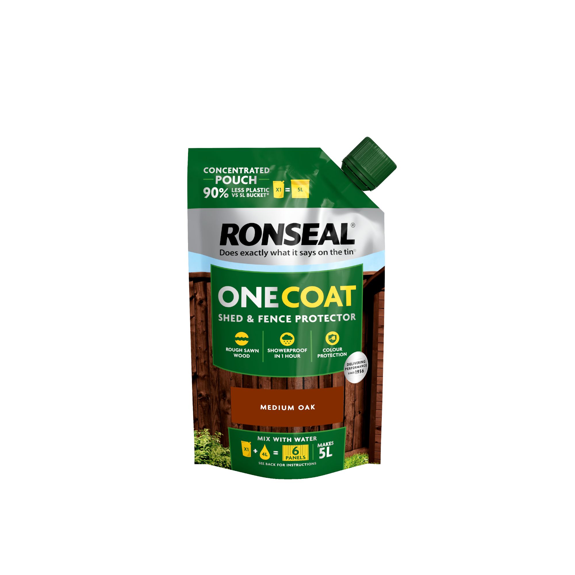 Ronseal One Coat Medium Oak Matt Medium base Exterior Shed & fence Protector Wood paint, 950ml Pouch - 5L Refill Concentrate