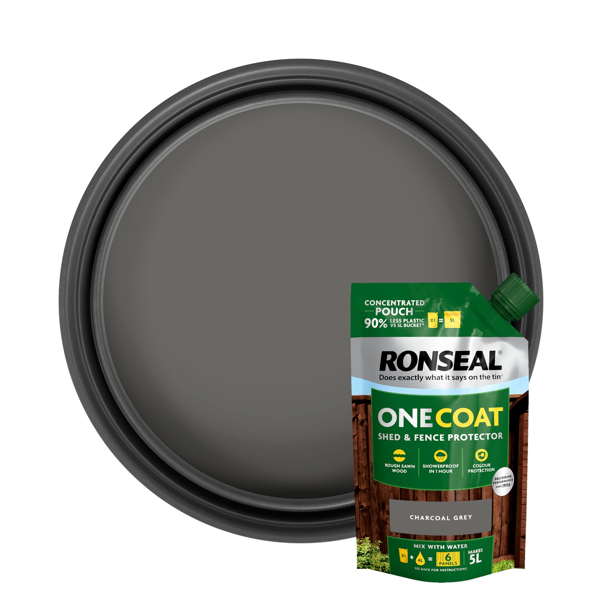 Ronseal One Coat Refill Charcoal Grey Matt Exterior Shed & fence Protector Wood paint, 950ml Pouch