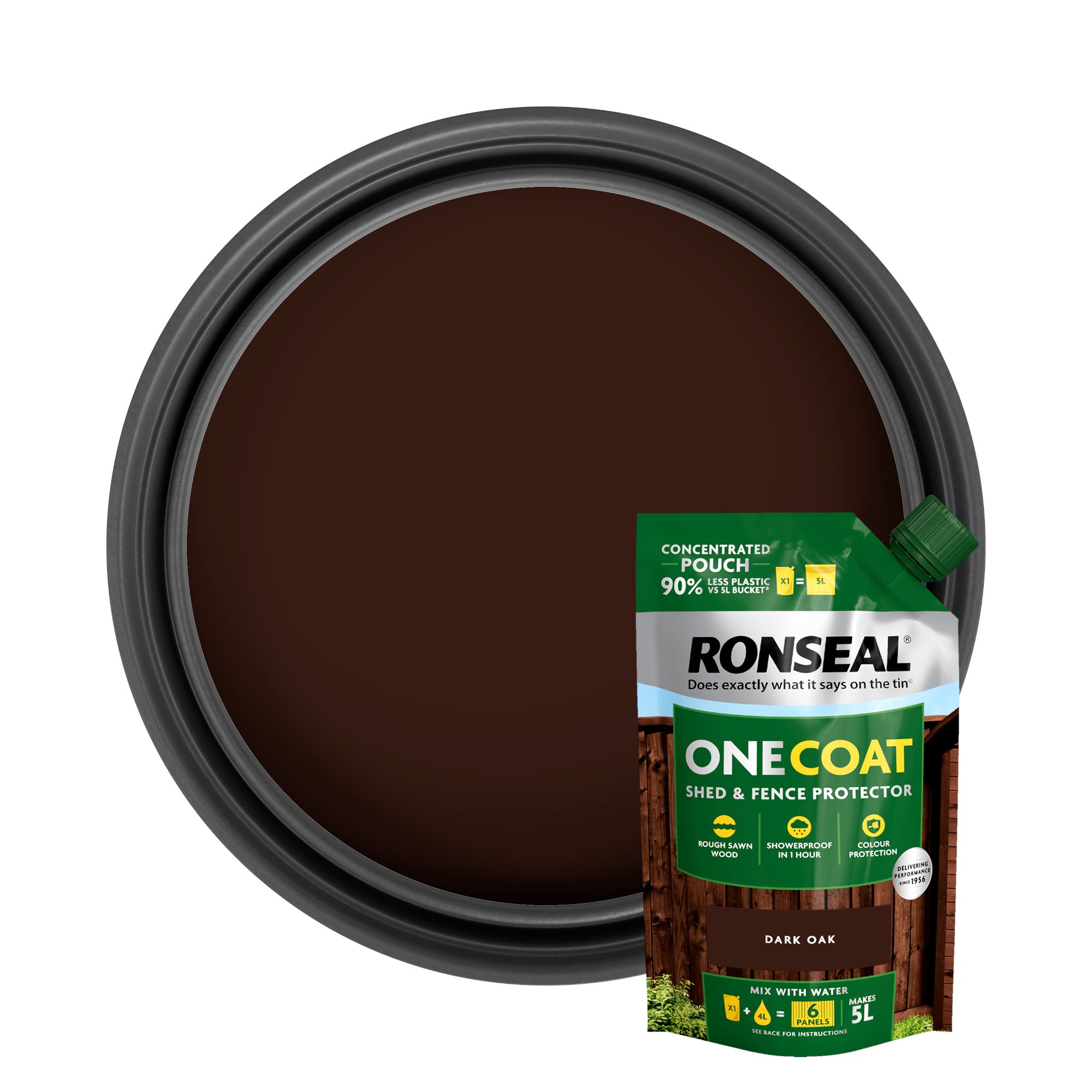 Ronseal One Coat Refill Dark Oak Matt Exterior Shed & fence Protector Wood paint, 950ml Pouch