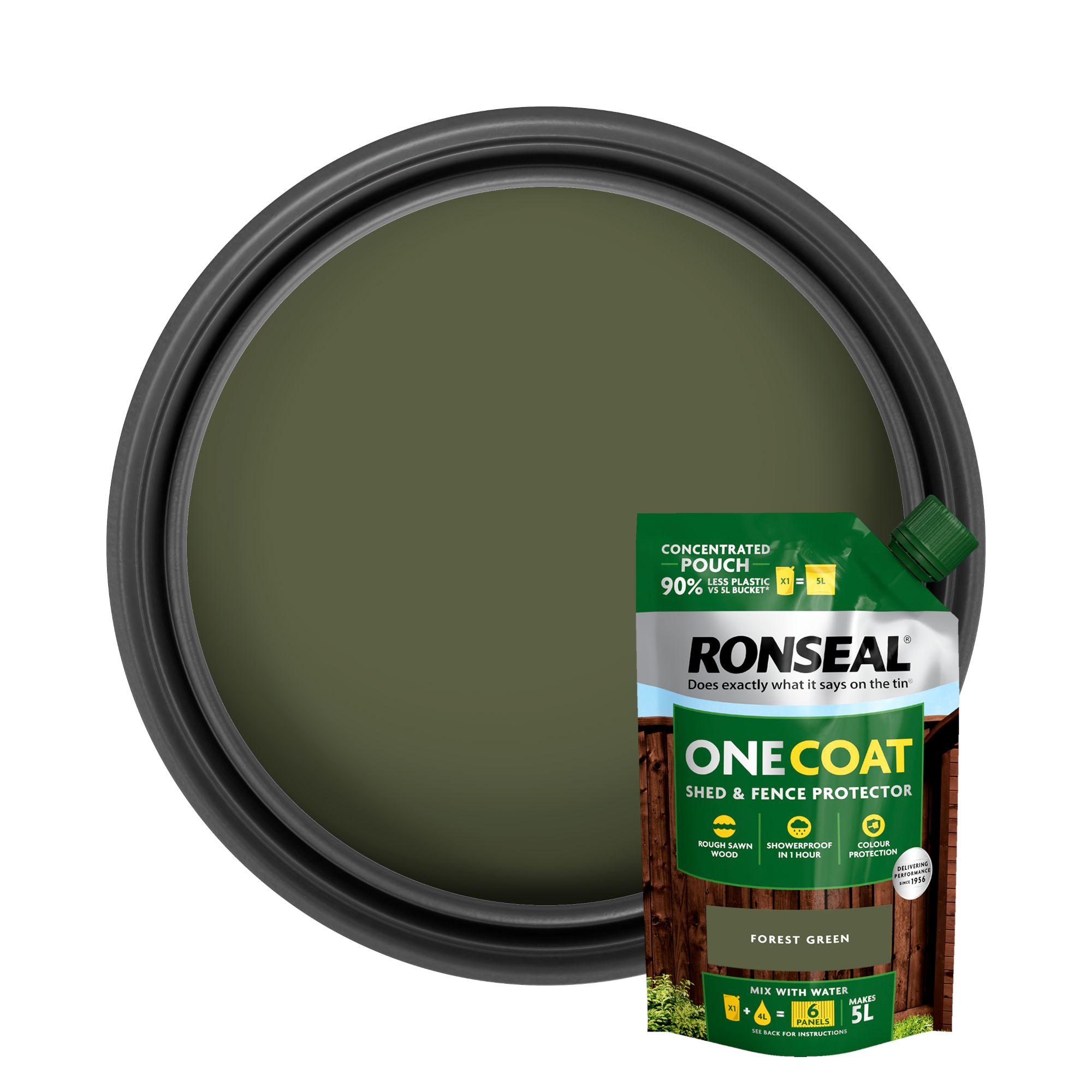 Ronseal One Coat Refill Forest Green Matt Exterior Shed & fence Protector Wood paint, 950ml Pouch