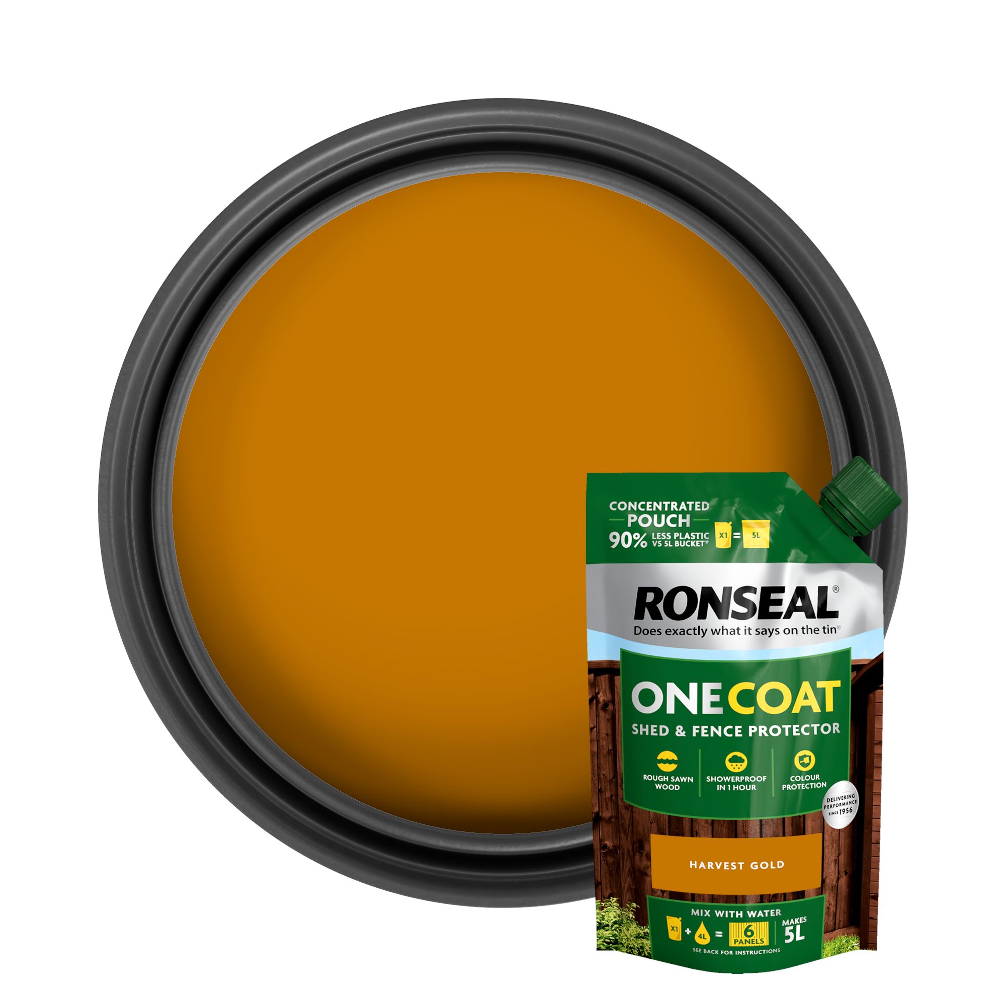 Ronseal One Coat Refill Harvest Gold Matt Exterior Shed & fence Protector Wood paint, 950ml Pouch