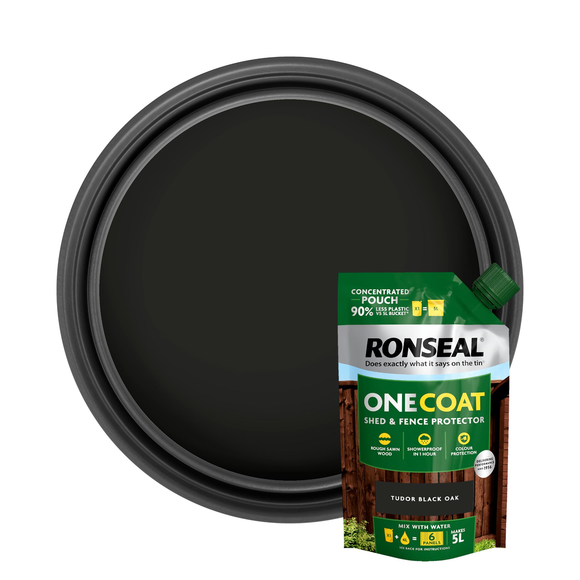 Ronseal One Coat Refill Tudor Black Oak Matt Exterior Shed & fence Protector Wood paint, 950ml Pouch