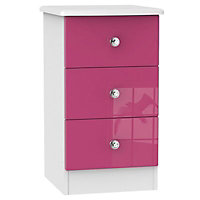 Rosa High gloss pink & white 3 Drawer Bedside chest (H)700mm (W)400mm (D)410mm