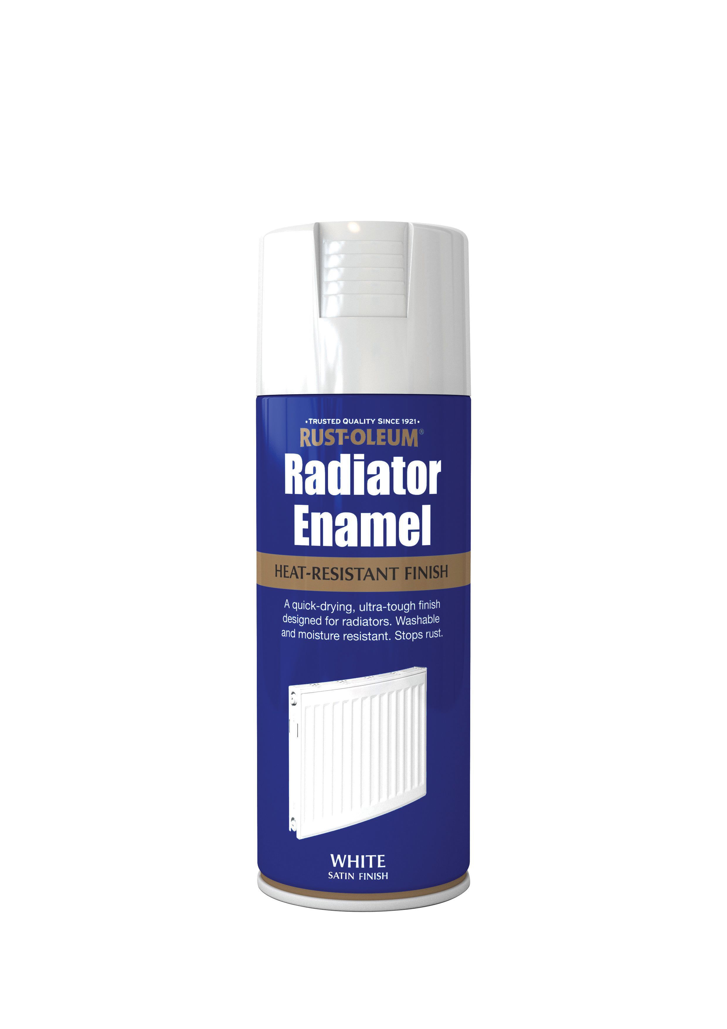 RustOleum White Satin Radiator enamel spray paint 400 ml DIY at B&Q