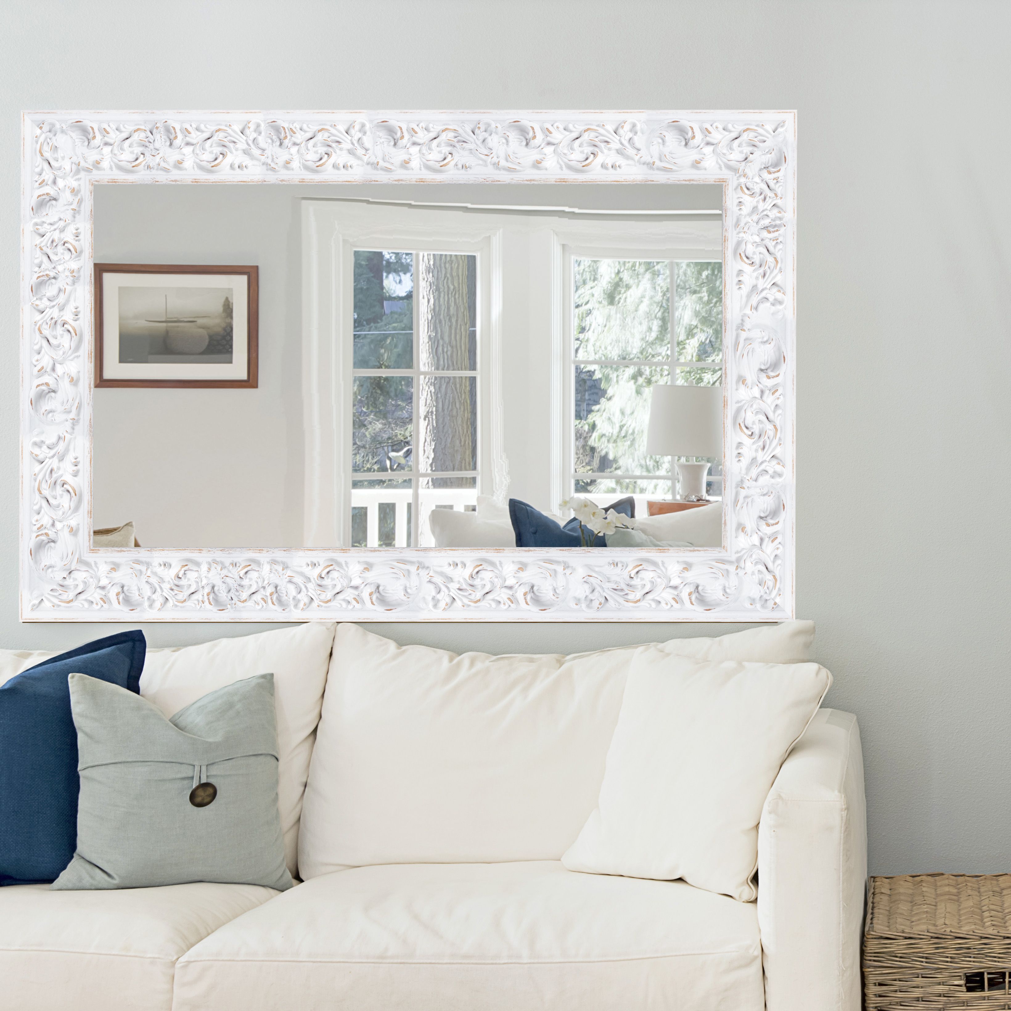 Rustic White Rectangular Wall-mounted Framed Mirror, (H)83cm (W)63cm