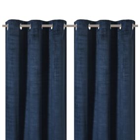 Ruvor Navy Plain woven Lined Eyelet Curtain (W)167cm (L)183cm, Pair