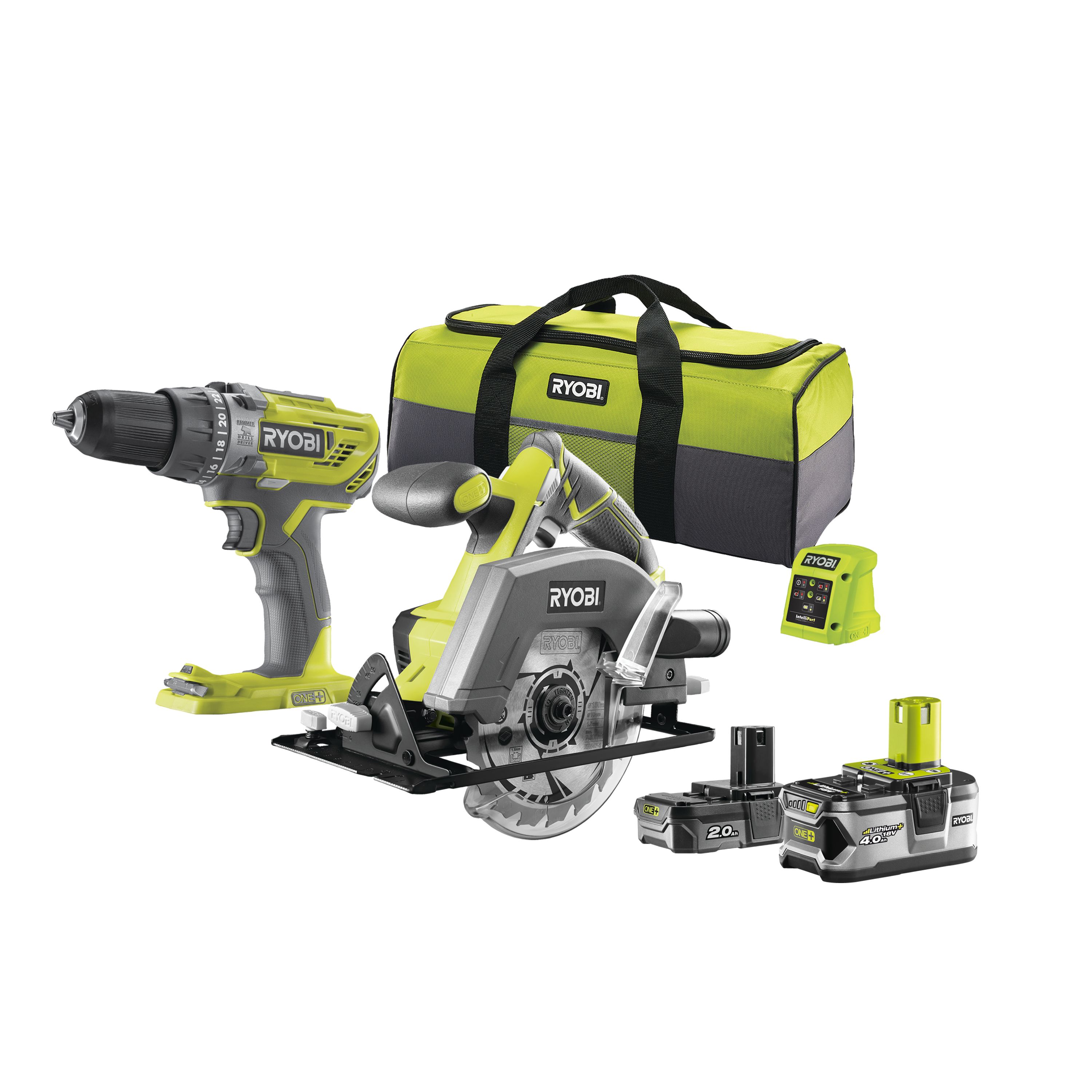Ryobi 18V Li-ion One+ Brushed Cordless Jigsaw & circular saw (1 x 2Ah & 1 x 4Ah) RCK182L-242S & R18DD3-120S
