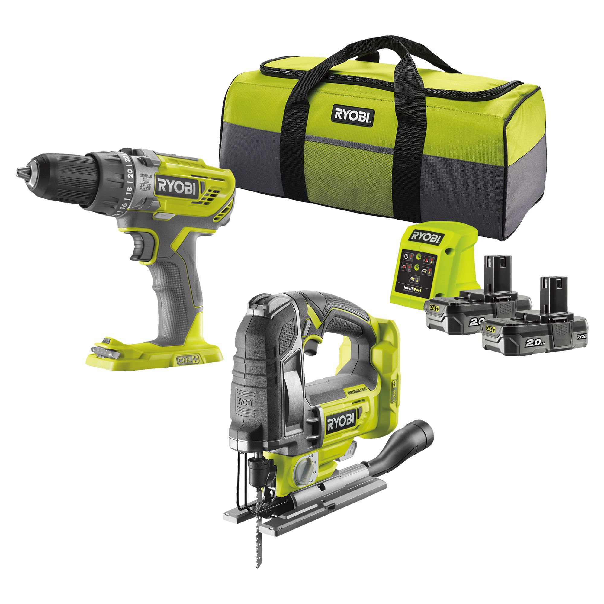 Ryobi 18V Li-ion One+ Cordless Combi drill & jigsaw (2 x 2Ah) - RCK182K-220S