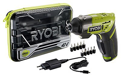 Ryobi Power Screwdriver Bundle HP34L 4-Volt Lithium Screwdriver with 18 Piece Drill Bit Set and and Buho Zipper Pouch 