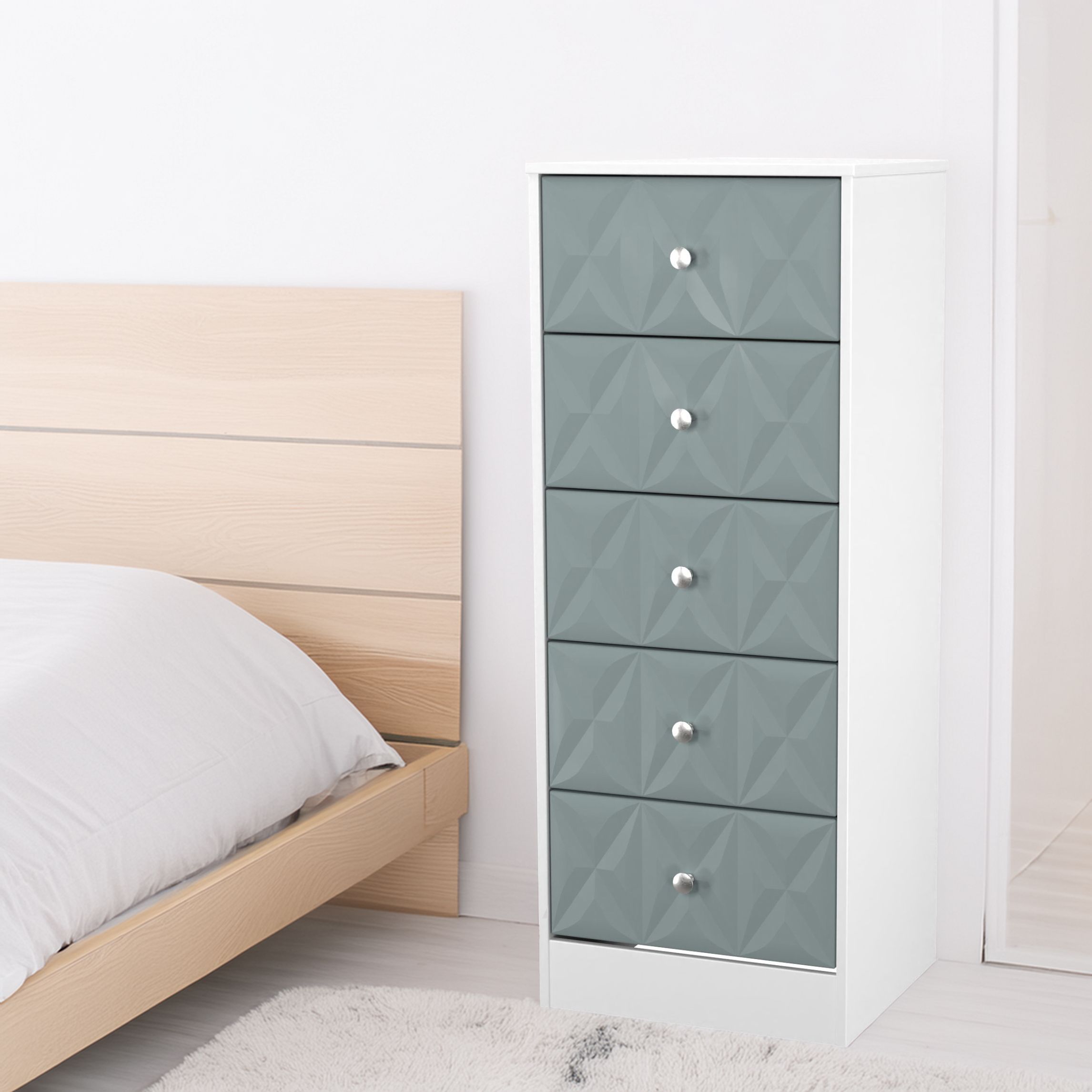 San Jose Ready assembled Matt duck egg blue & white 5 Drawer Bedside chest (H)1120mm (W)450mm (D)395mm