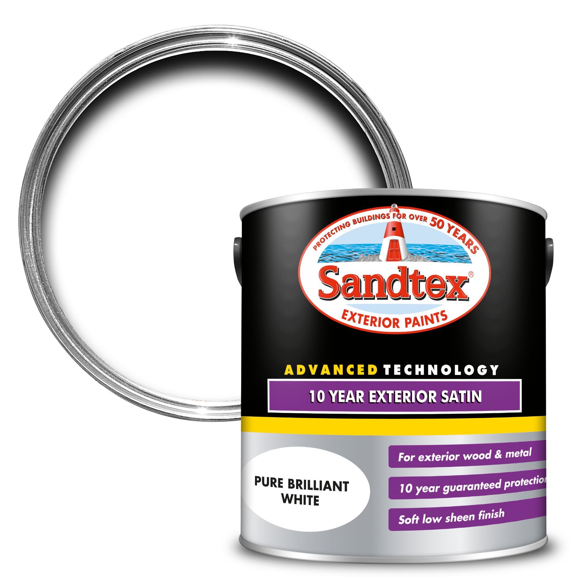 Sandtex 10 year White Satinwood Exterior Metal & wood paint, 2.5L DIY