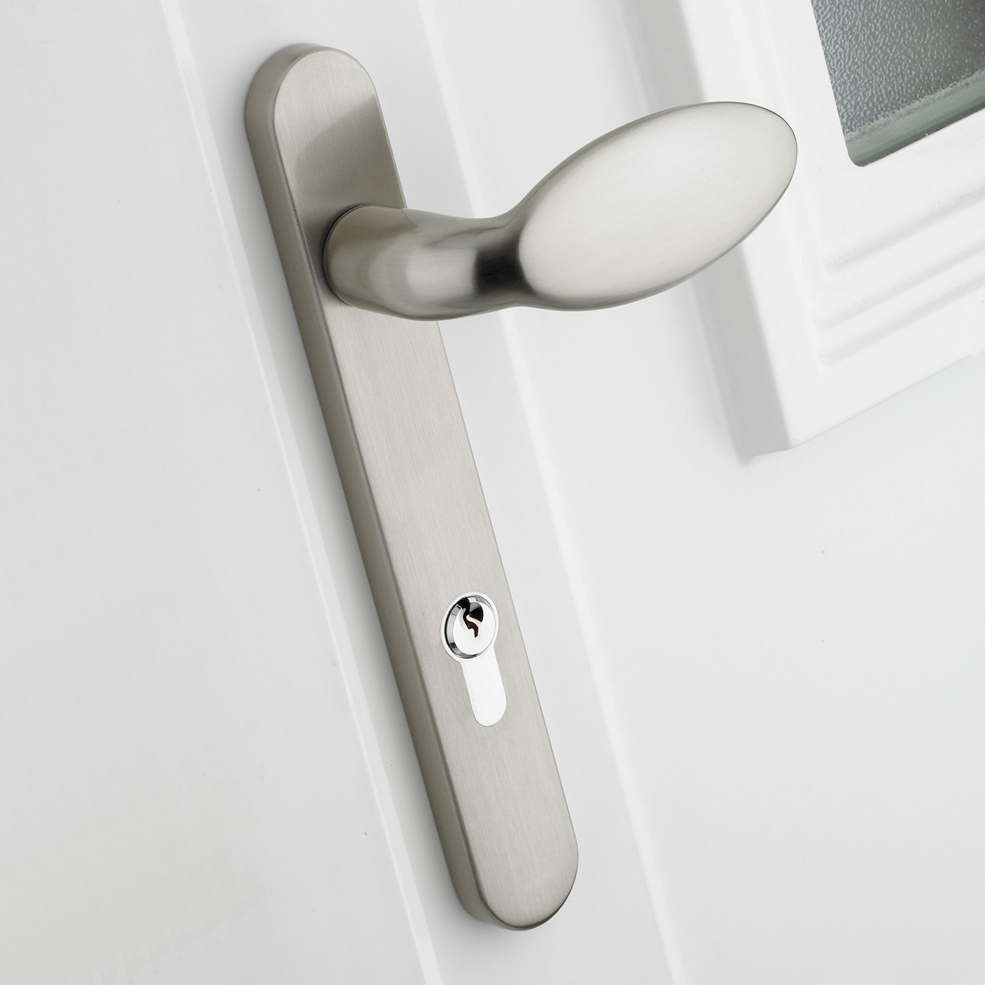 Satin Chrome effect External Straight Key lock Door handle, Pair DIY