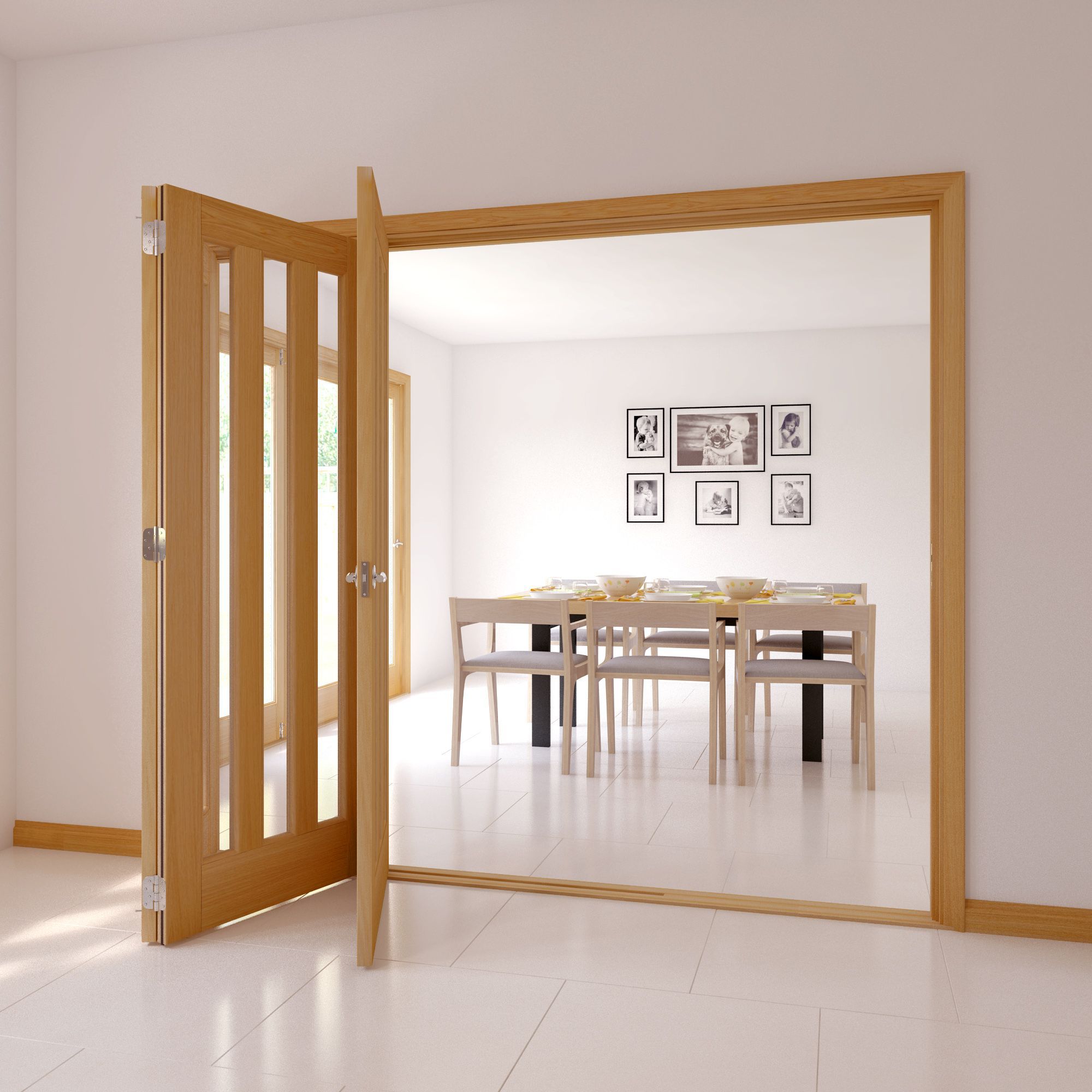 Saxton Vertical 3 panel 3 Lite Clear Glazed Contemporary Oak veneer Internal Tri-fold Door set, (H)2035mm (W)2374mm